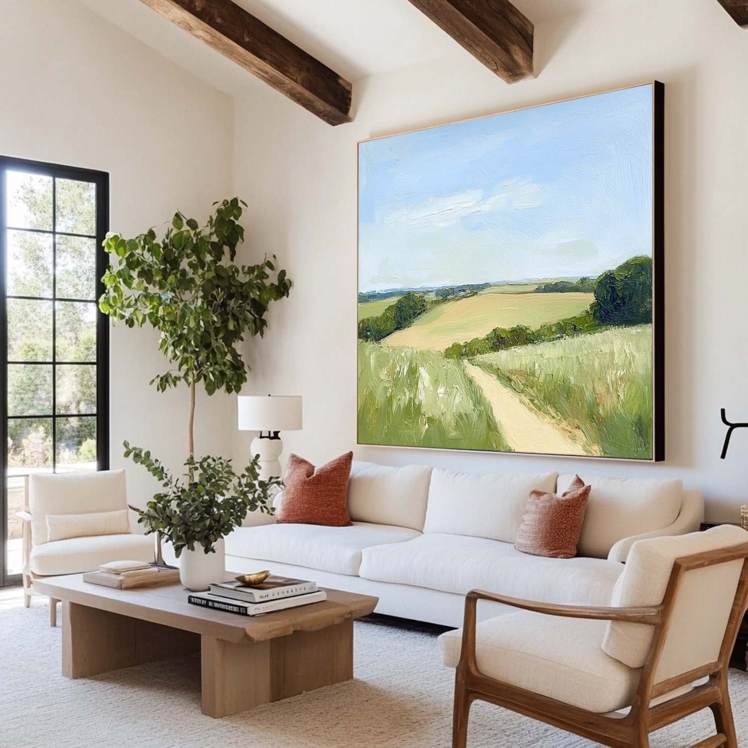 Sunlit Rural Path Landscape Muted Tone Soft Impasto Layered Textured Artwork