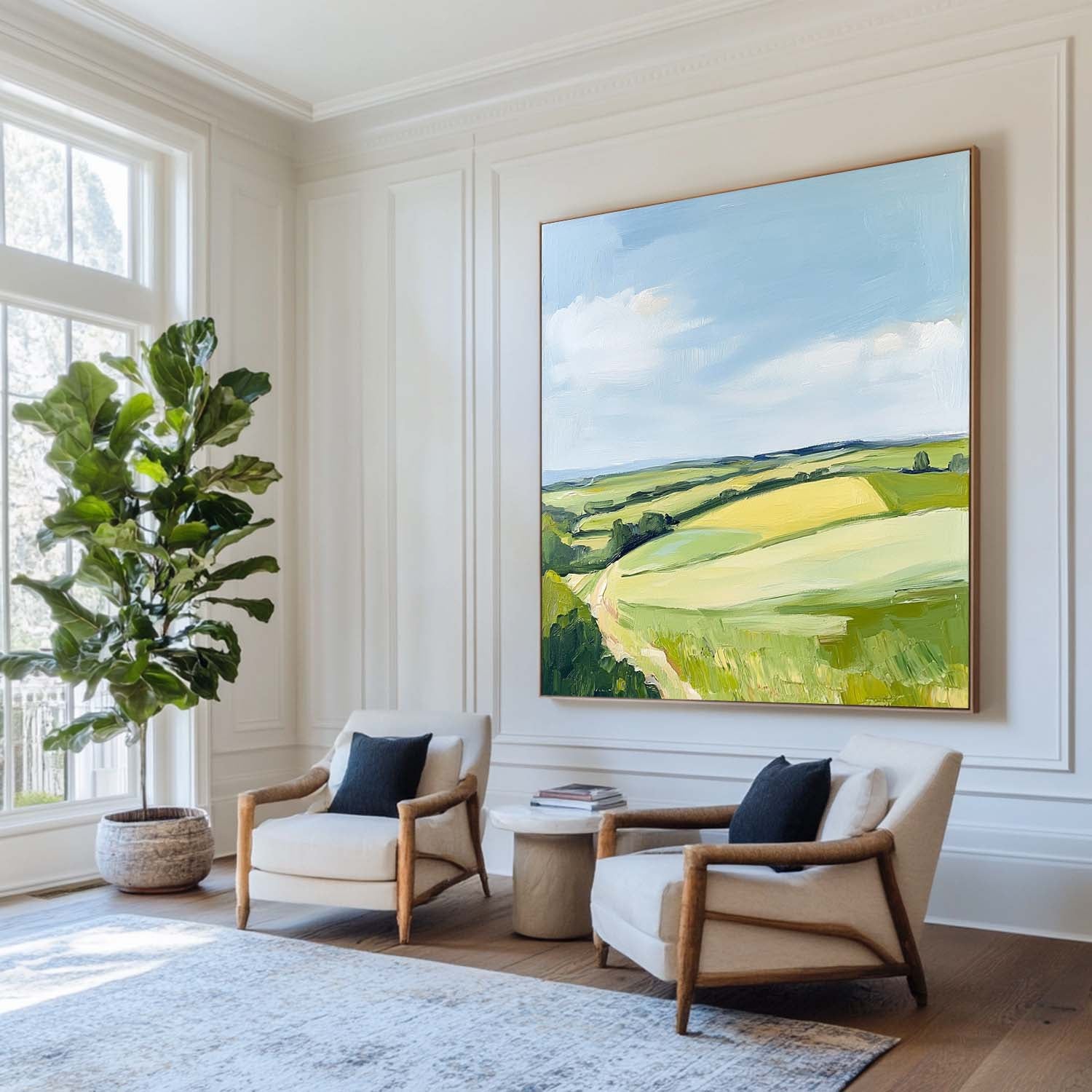 Rolling Countryside Scenery Soft‑Brush Pastoral Layered Textured Artwork