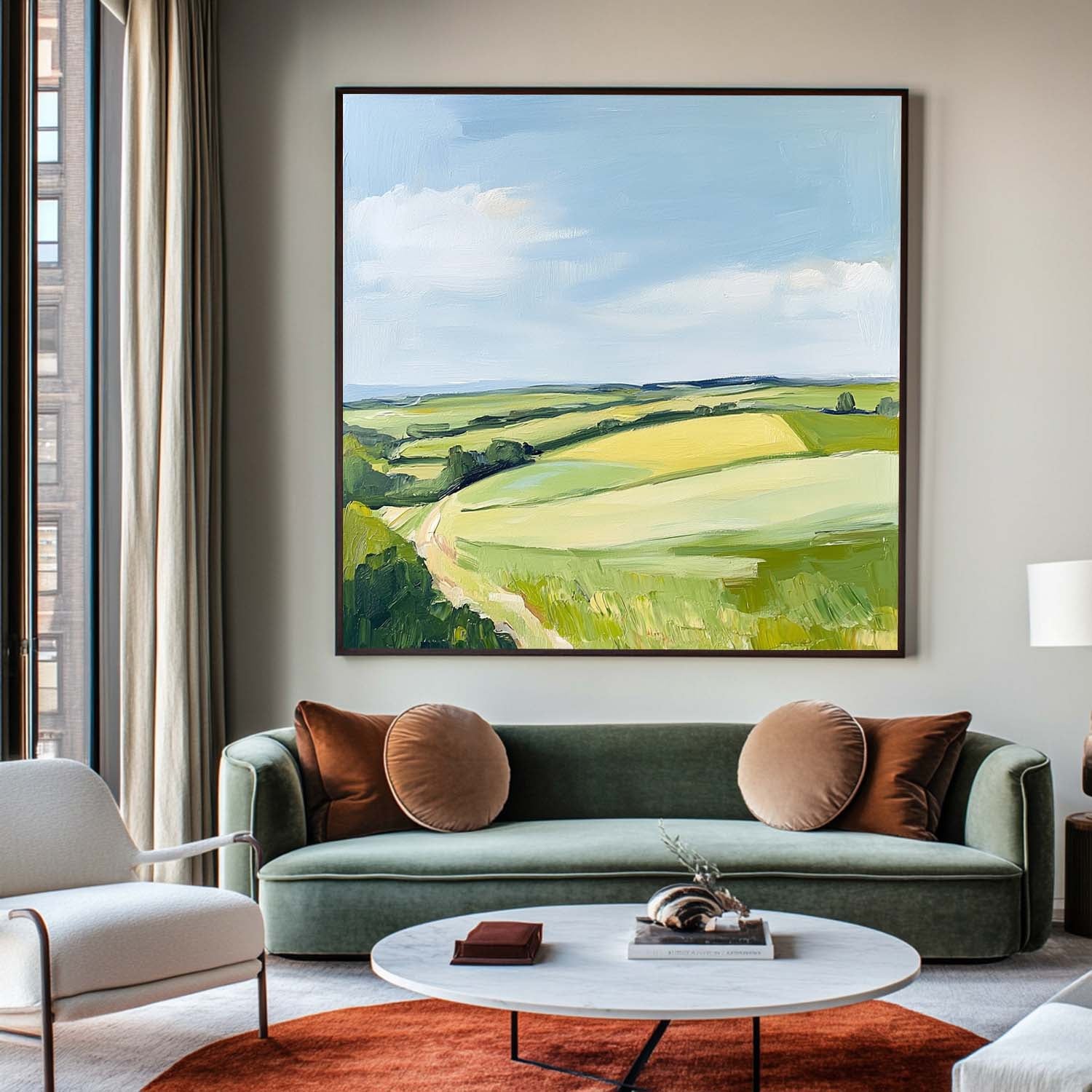 Rolling Countryside Scenery Soft‑Brush Pastoral Layered Textured Artwork