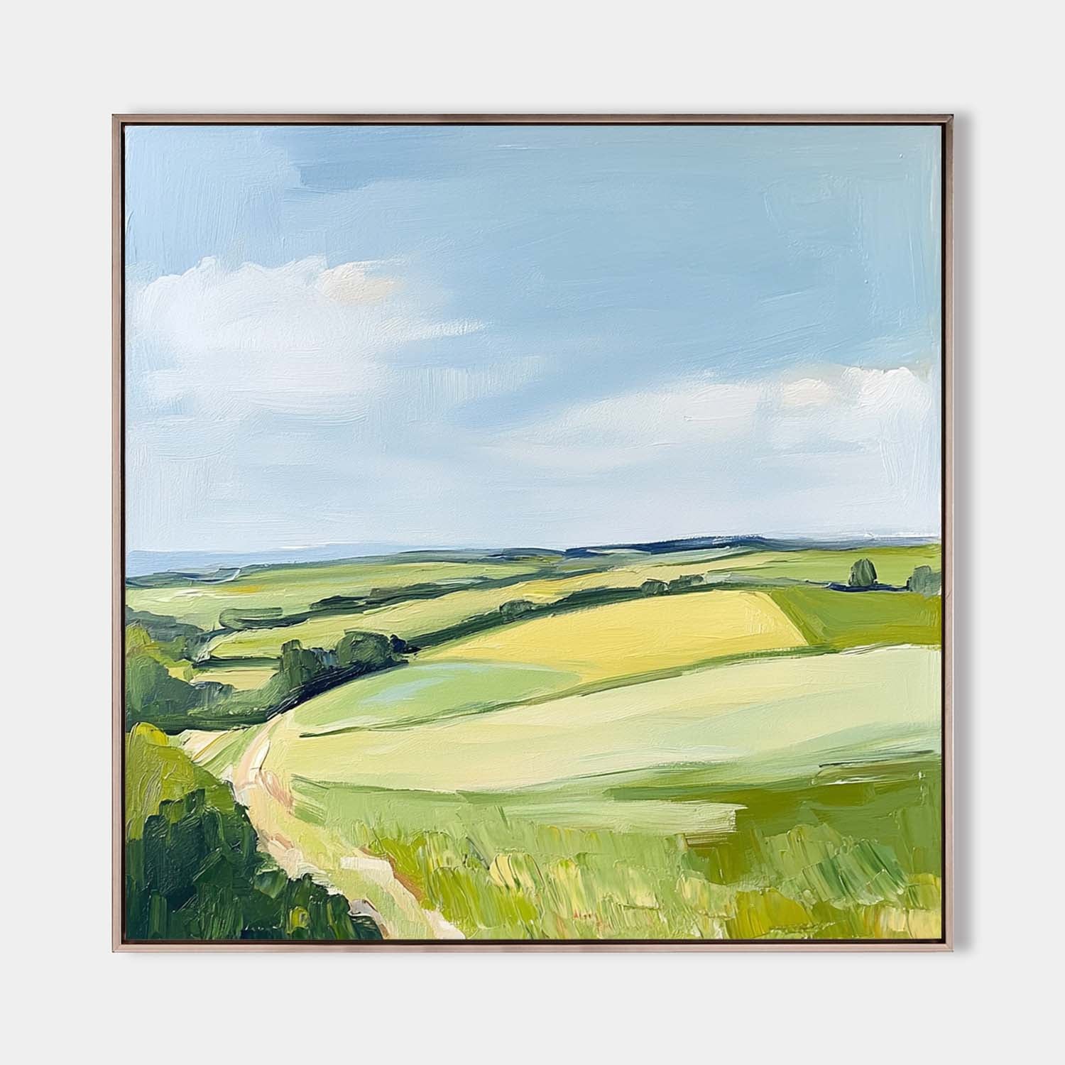 Rolling Countryside Scenery Soft‑Brush Pastoral Layered Textured Artwork