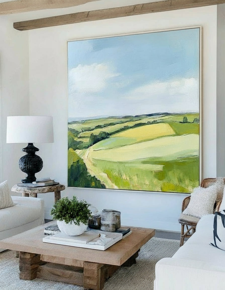 Rolling Countryside Scenery Soft‑Brush Pastoral Layered Textured Artwork