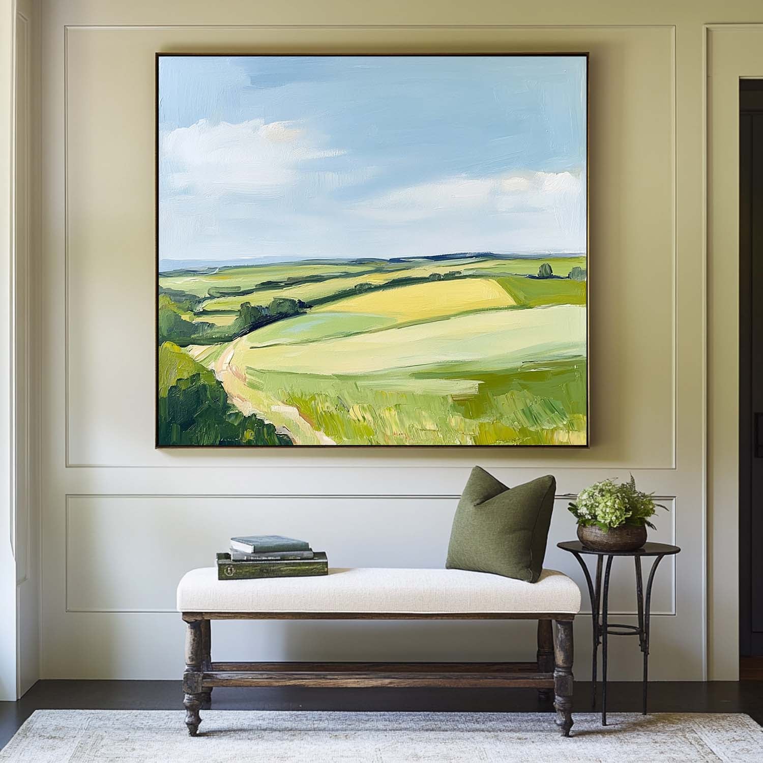 Rolling Countryside Scenery Soft‑Brush Pastoral Layered Textured Artwork