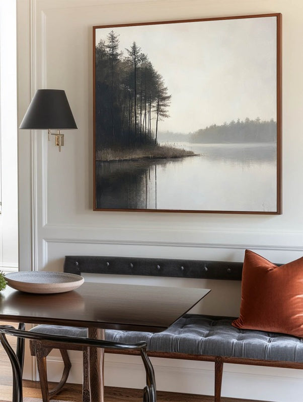 Misty Forest Lake Landscape Painting