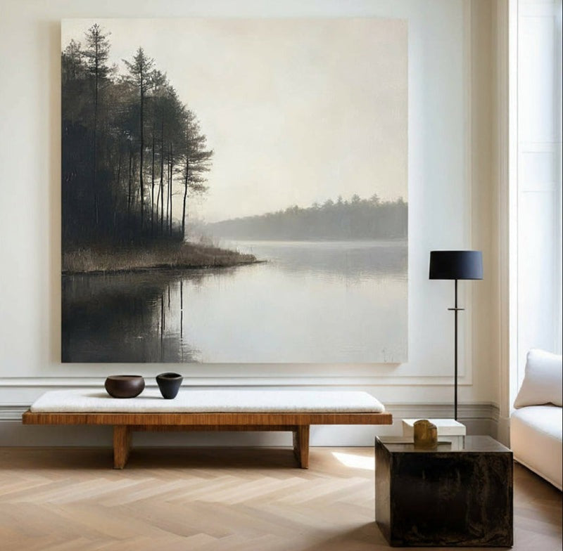 Misty Forest Lake Landscape Painting