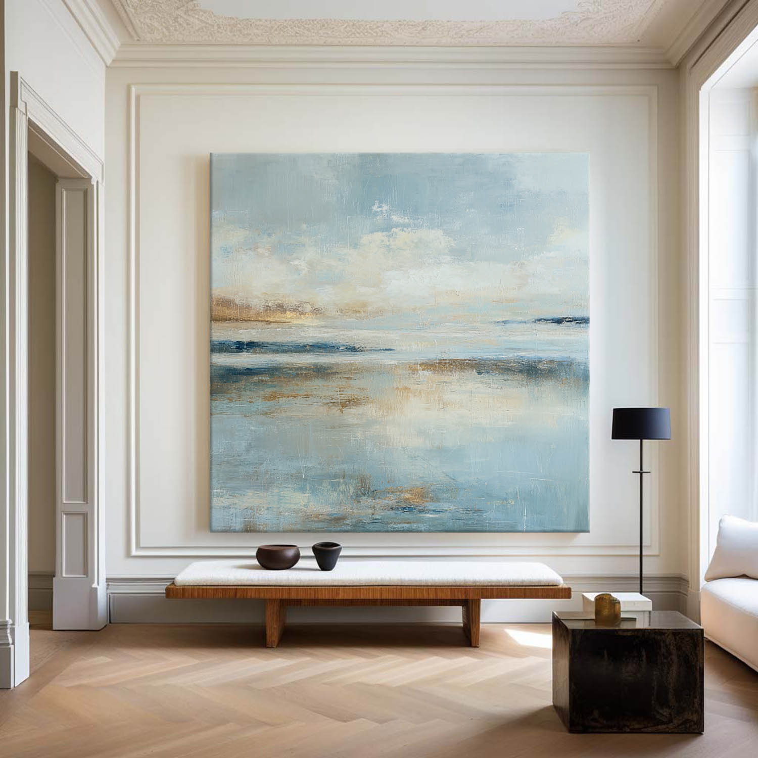 Blue‑Beige‑Gold Square Abstract Coastal Seascape Textured Artwork