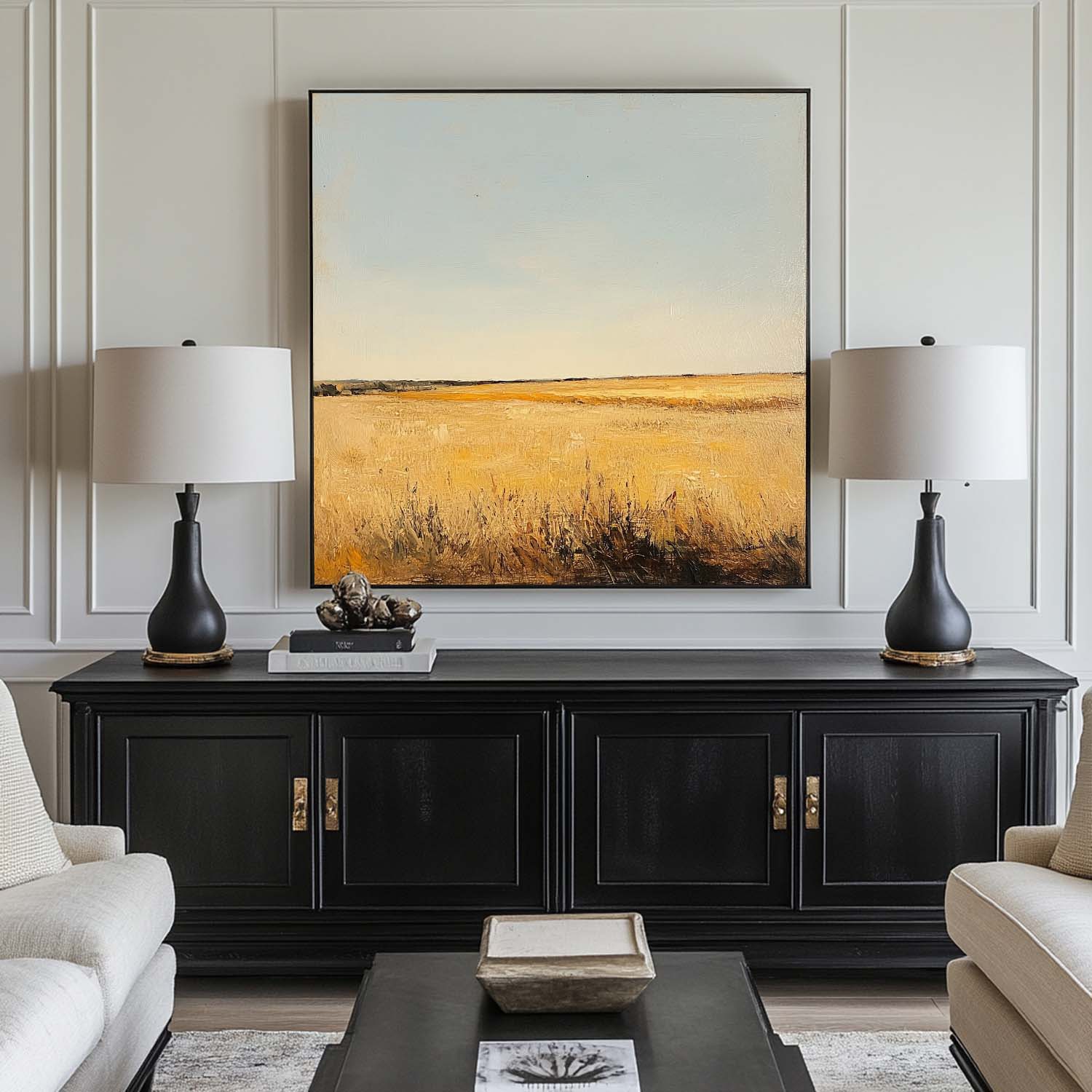Golden Prairie Landscape Under Blue Sky Oil Painting
