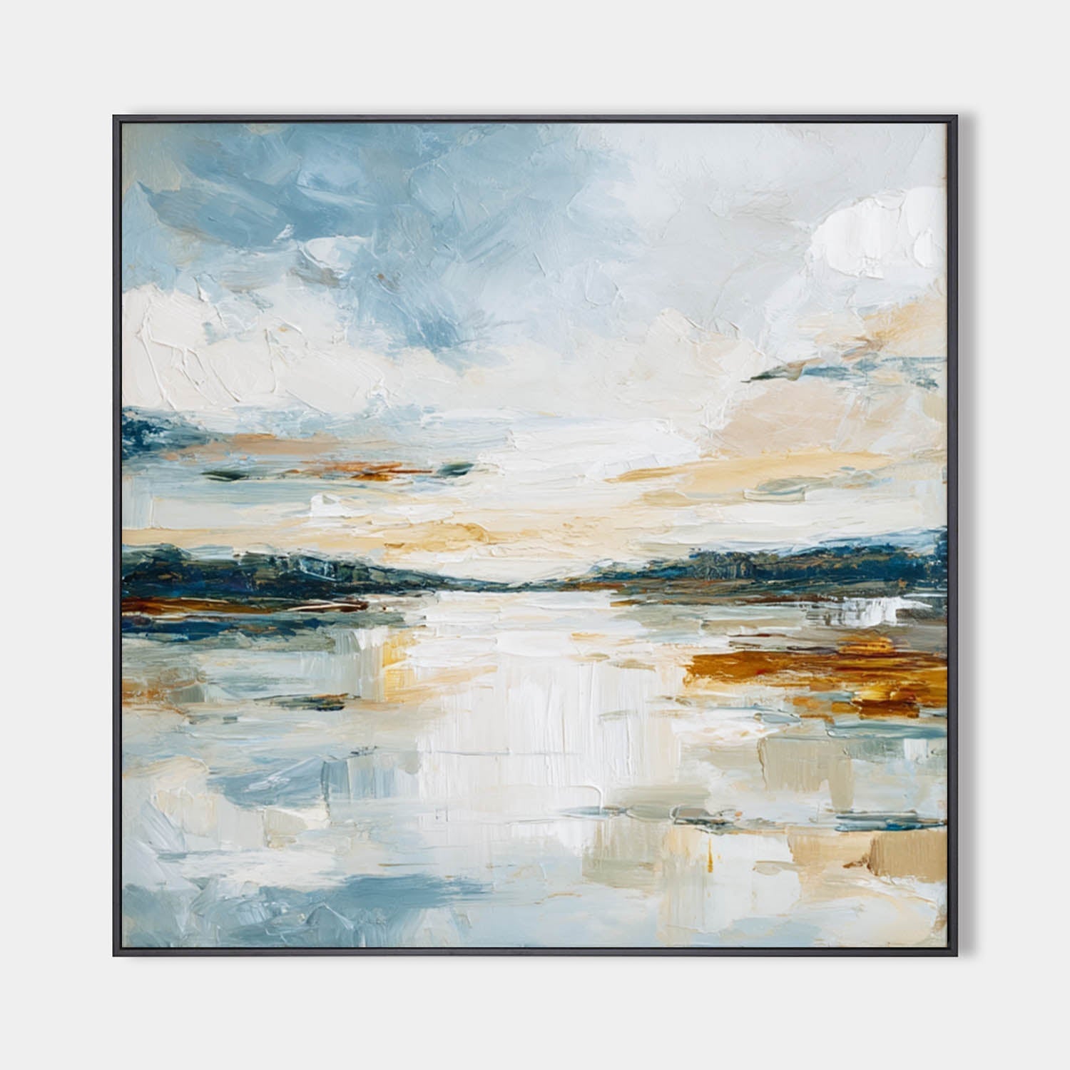 Blue‑White‑Ochre Vertical Abstract Coastal Impasto Textured Artwork
