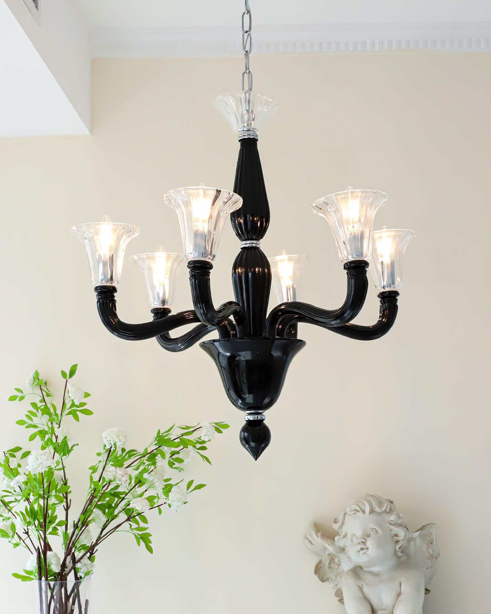 Aurora Chandelier Black Murano Candle Arm Glass Classic