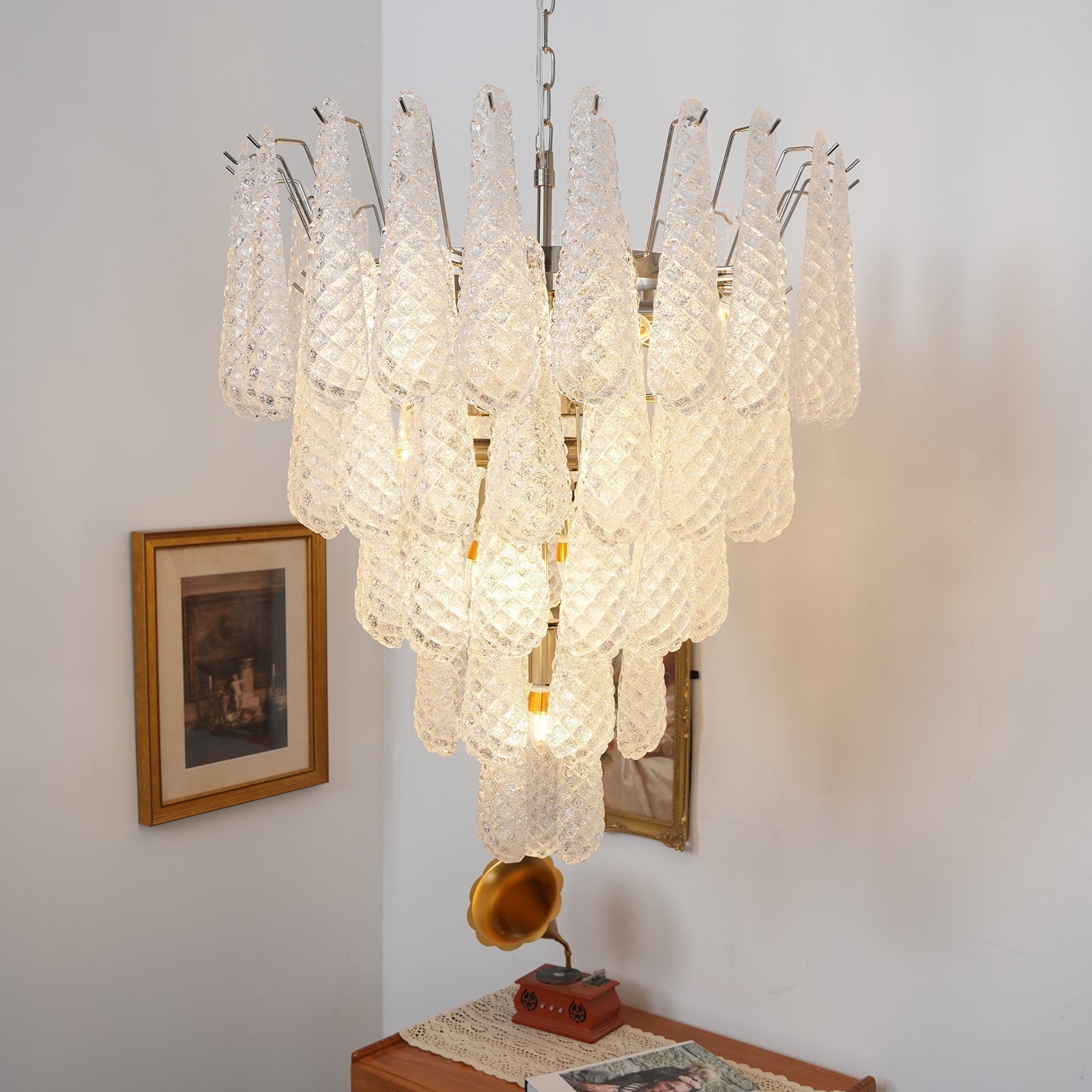 Aurora Chandelier Clear Murano Glass Dewdrop Layered