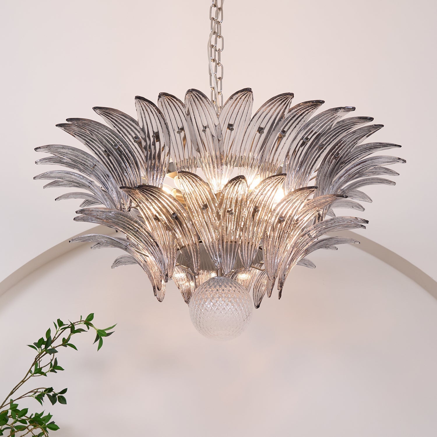 Aurora Chandelier Palmette Clear Murano Glass Leaf Layered