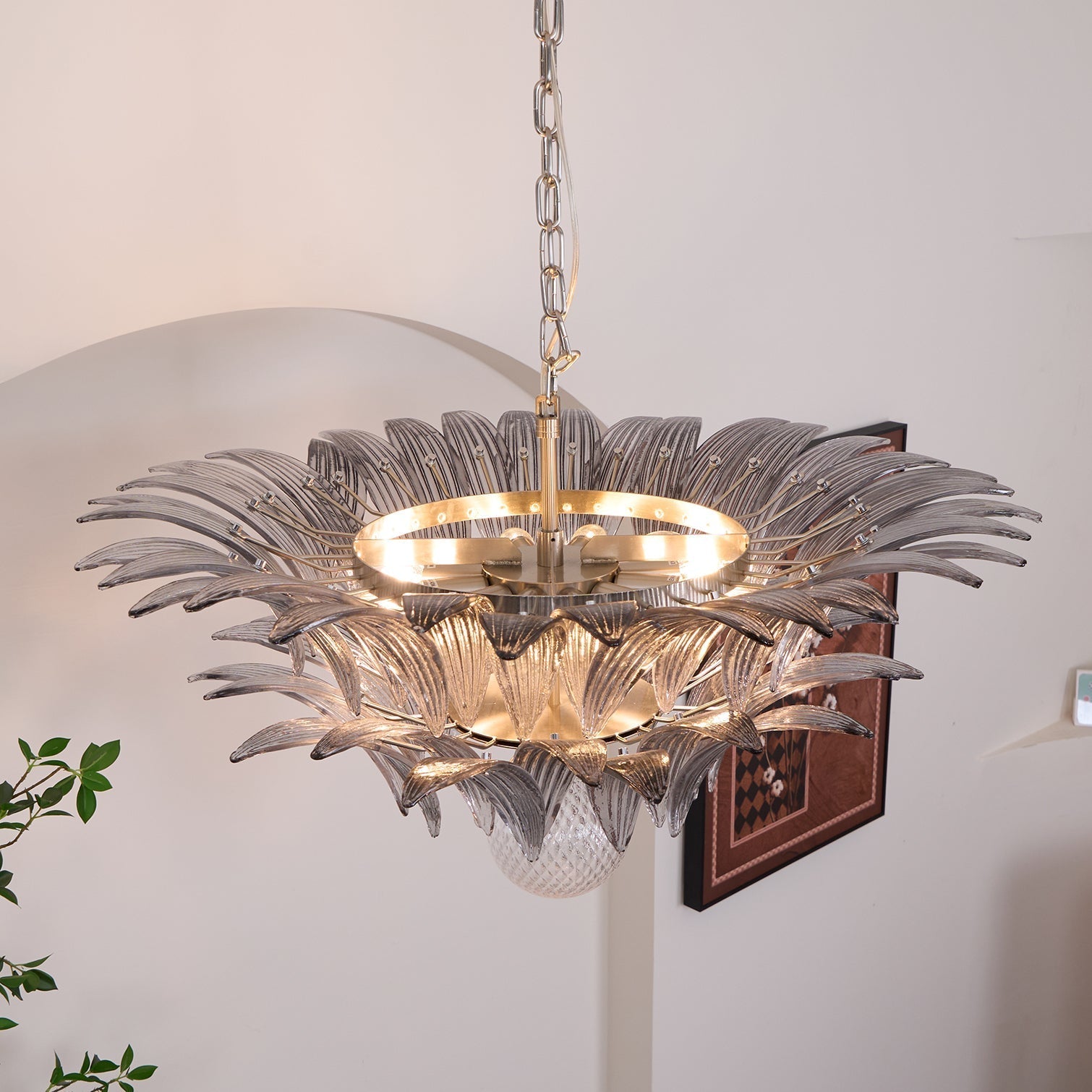 Aurora Chandelier Palmette Clear Murano Glass Leaf Layered