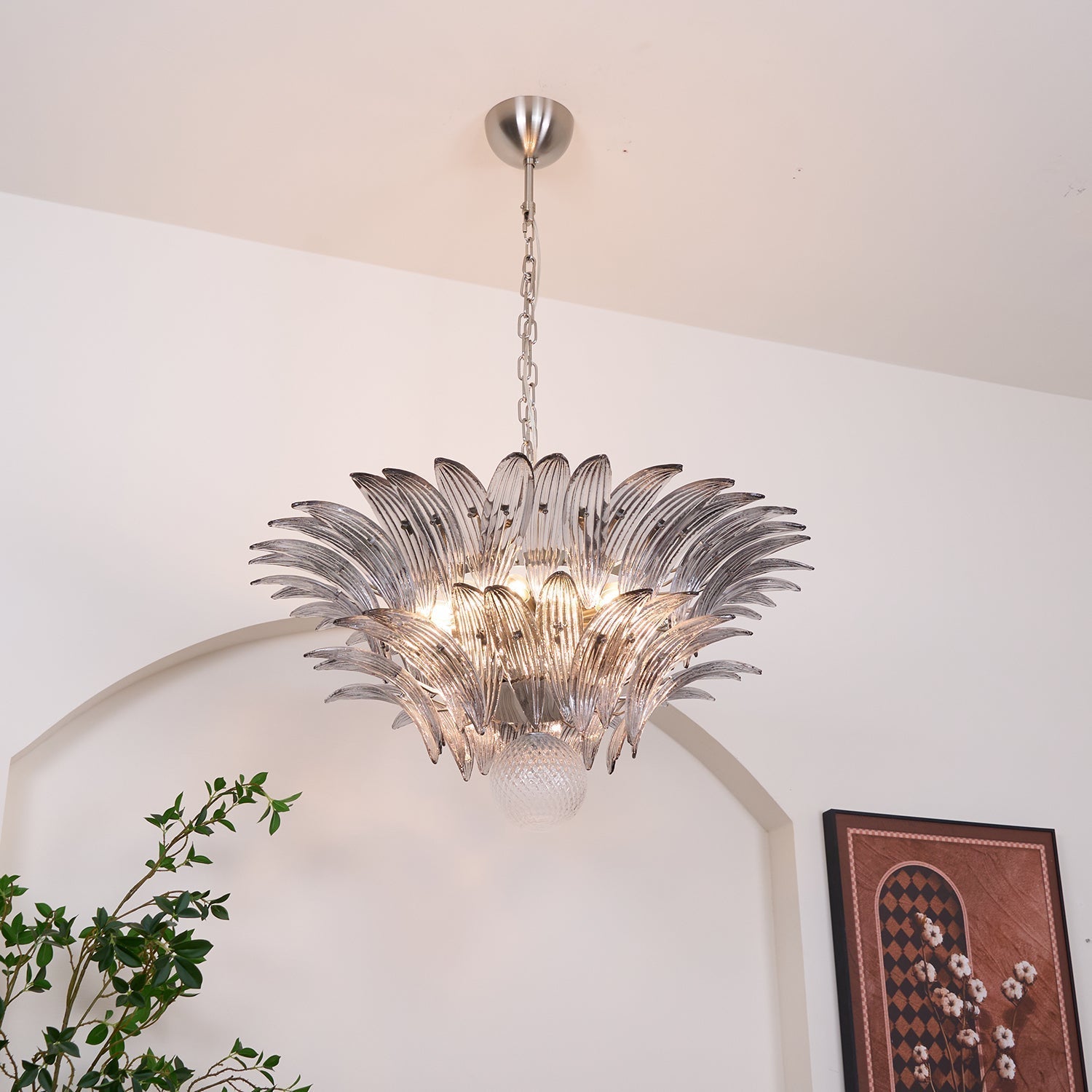 Aurora Chandelier Palmette Clear Murano Glass Leaf Layered