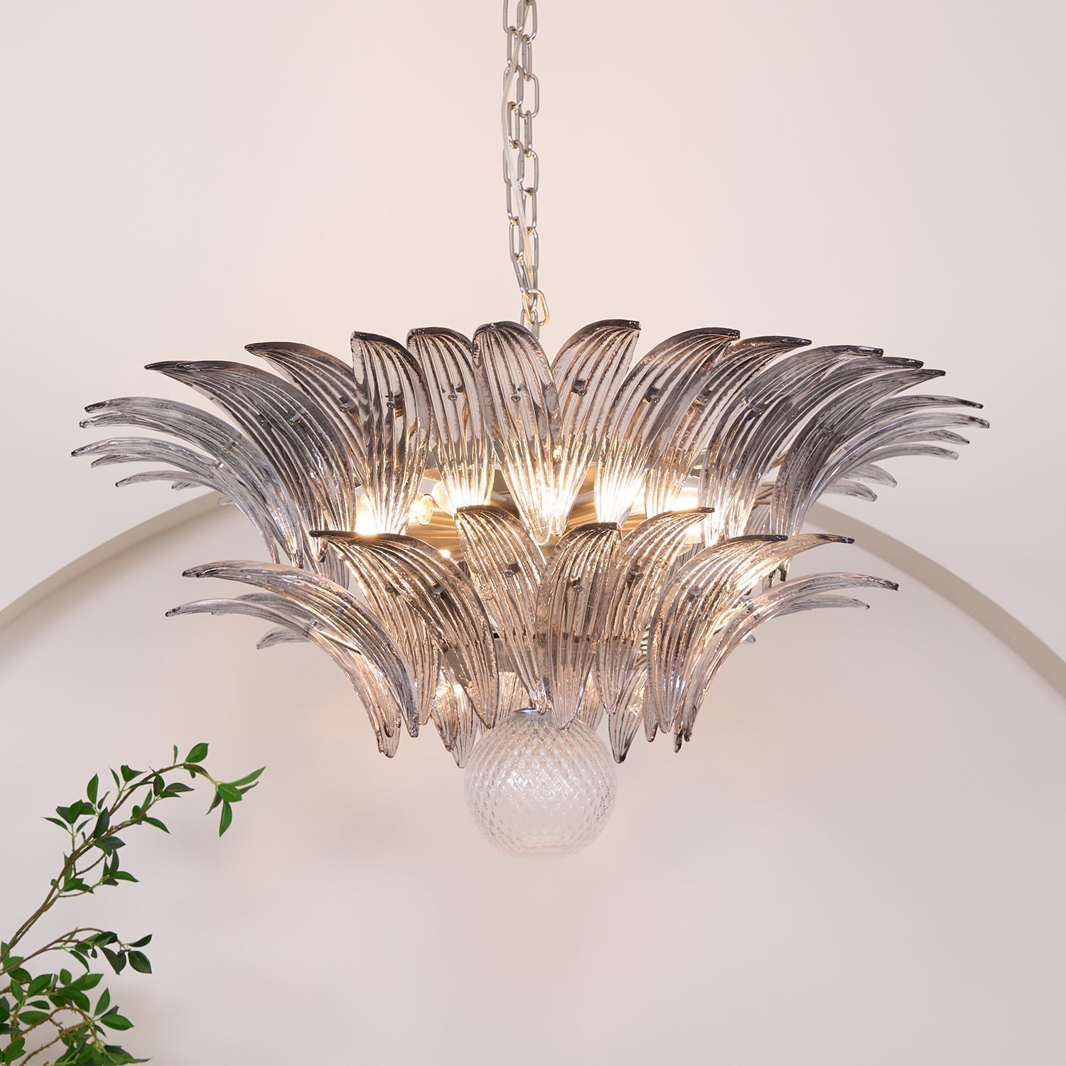 Aurora Chandelier Palmette Clear Murano Glass Leaf Layered