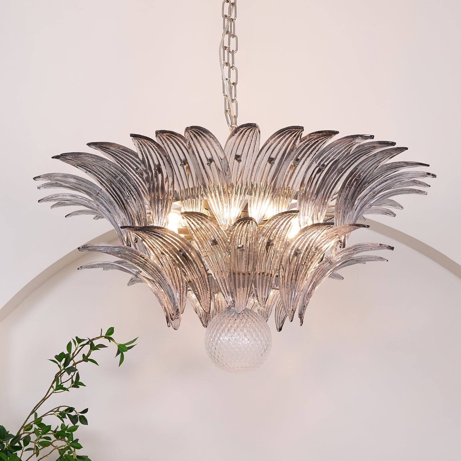 Aurora Chandelier Palmette Clear Murano Glass Leaf Layered