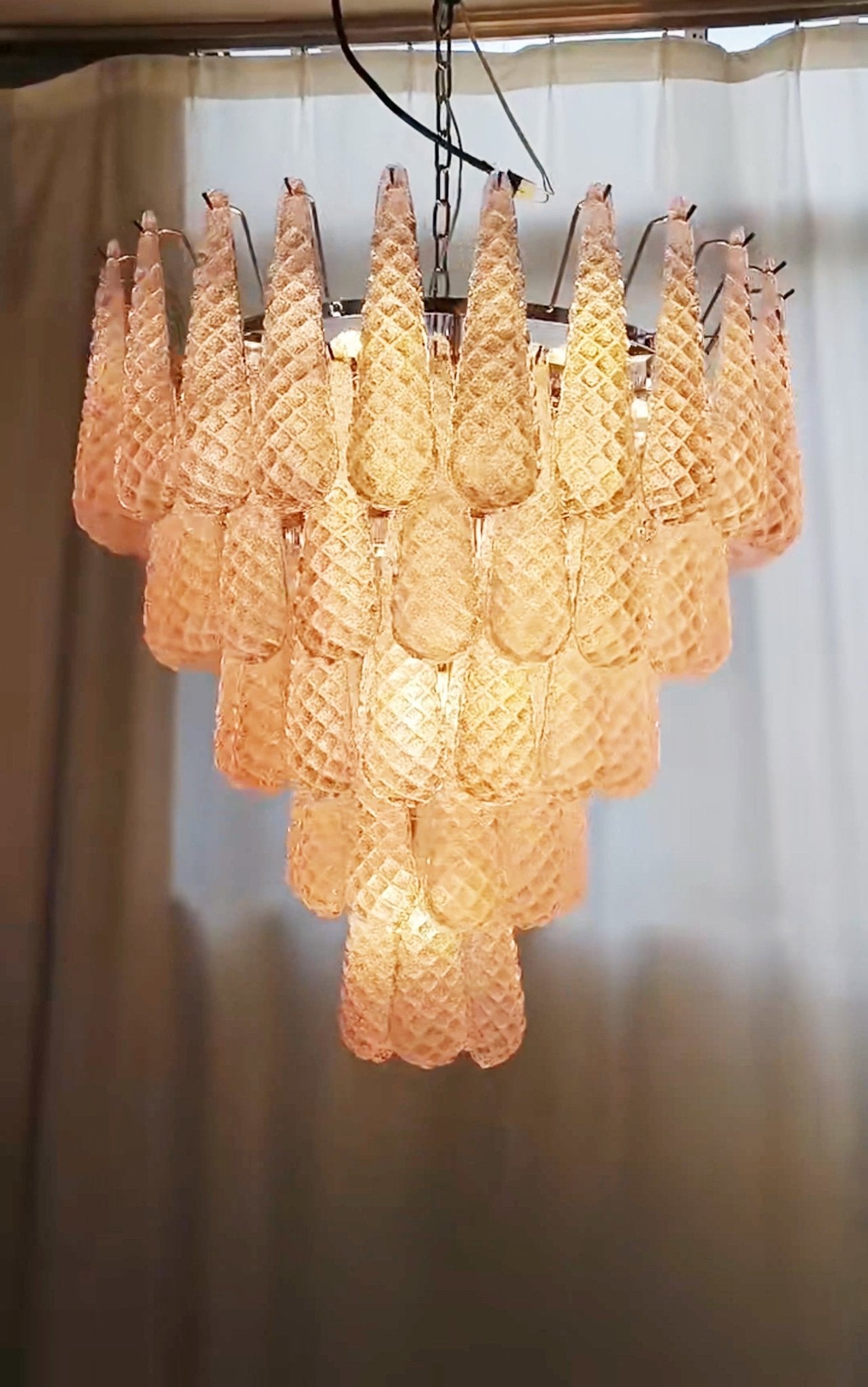 Aurora Chandelier Pink Droplet Murano Glass Diamond Pattern Waterfall