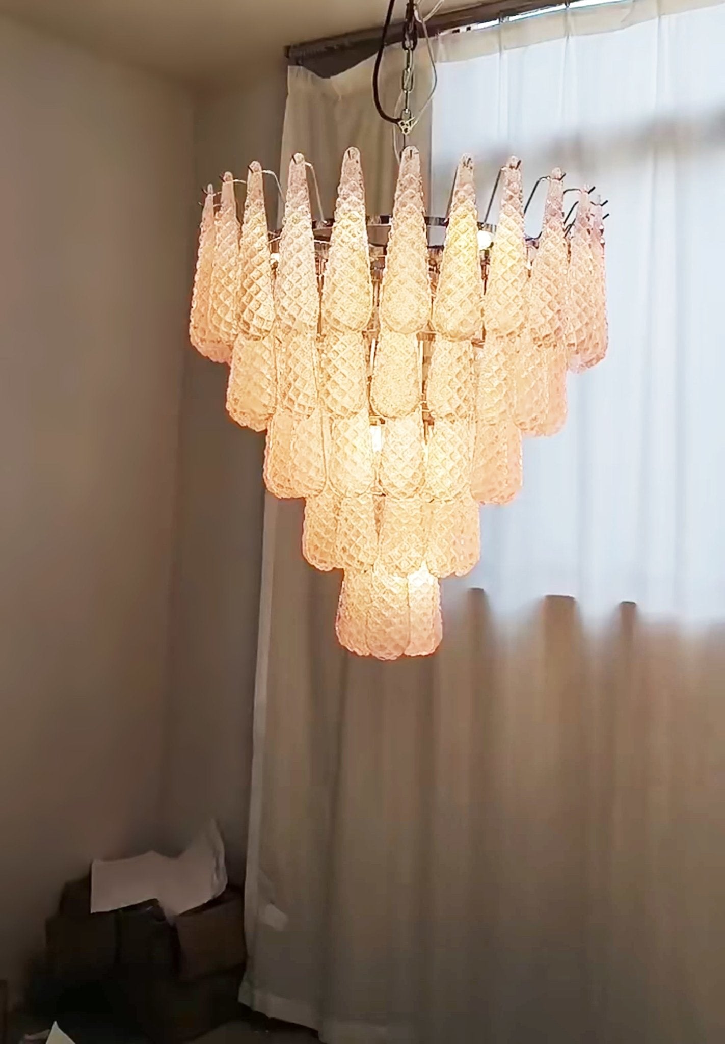 Aurora Chandelier Pink Droplet Murano Glass Diamond Pattern Waterfall