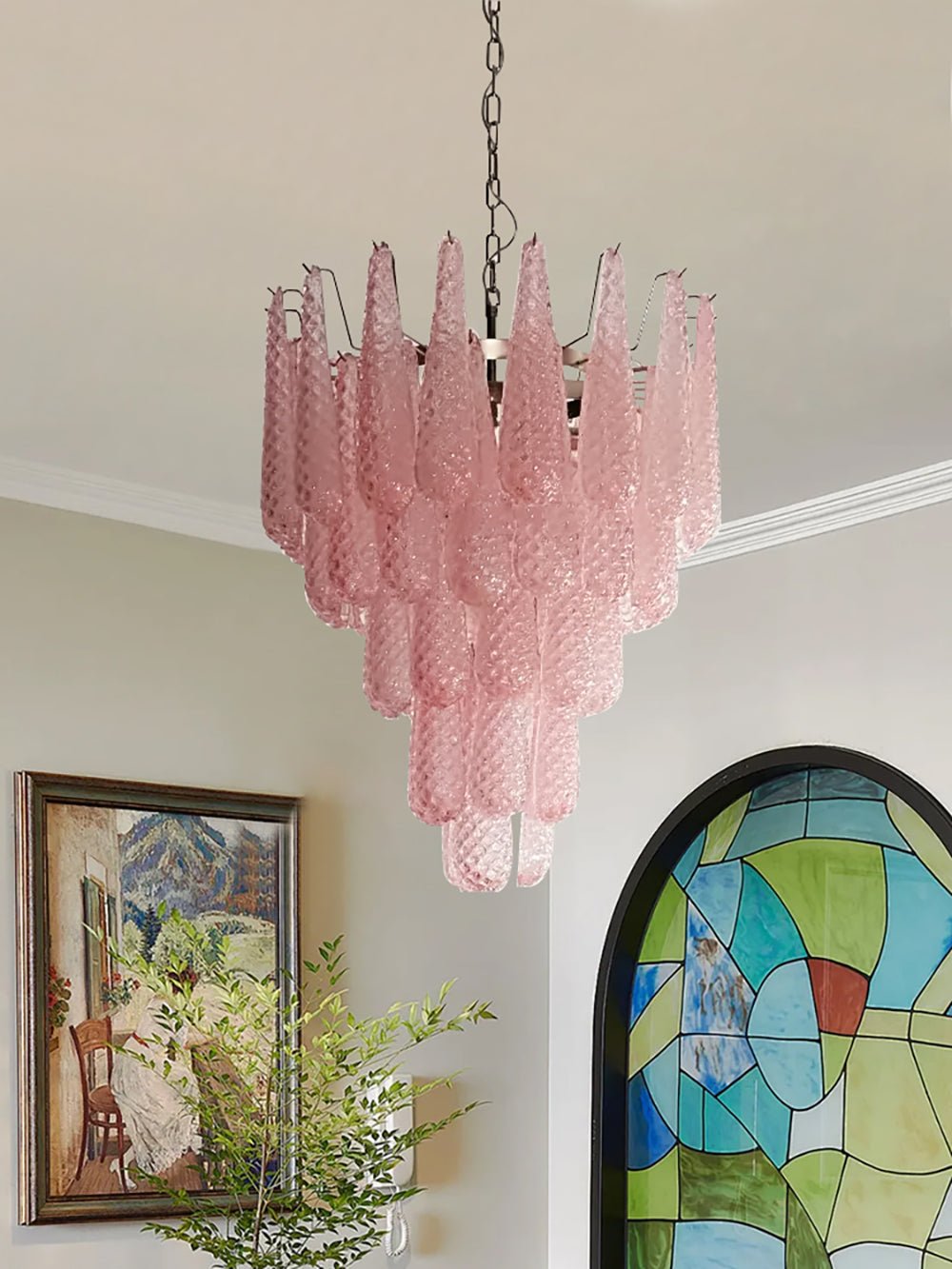 Aurora Chandelier Pink Droplet Murano Glass Diamond Pattern Waterfall