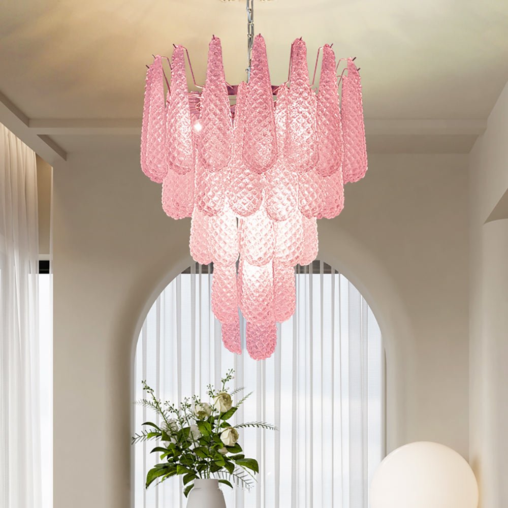 Aurora Chandelier Pink Droplet Murano Glass Diamond Pattern Waterfall