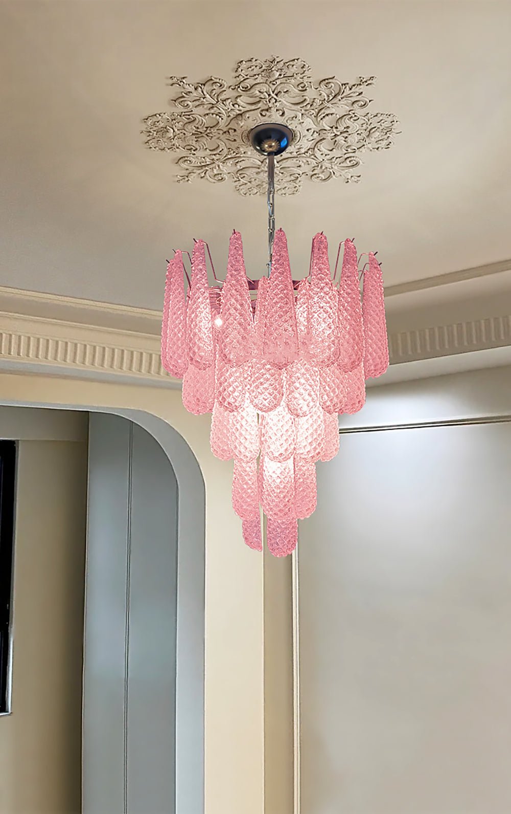 Aurora Chandelier Pink Droplet Murano Glass Diamond Pattern Waterfall