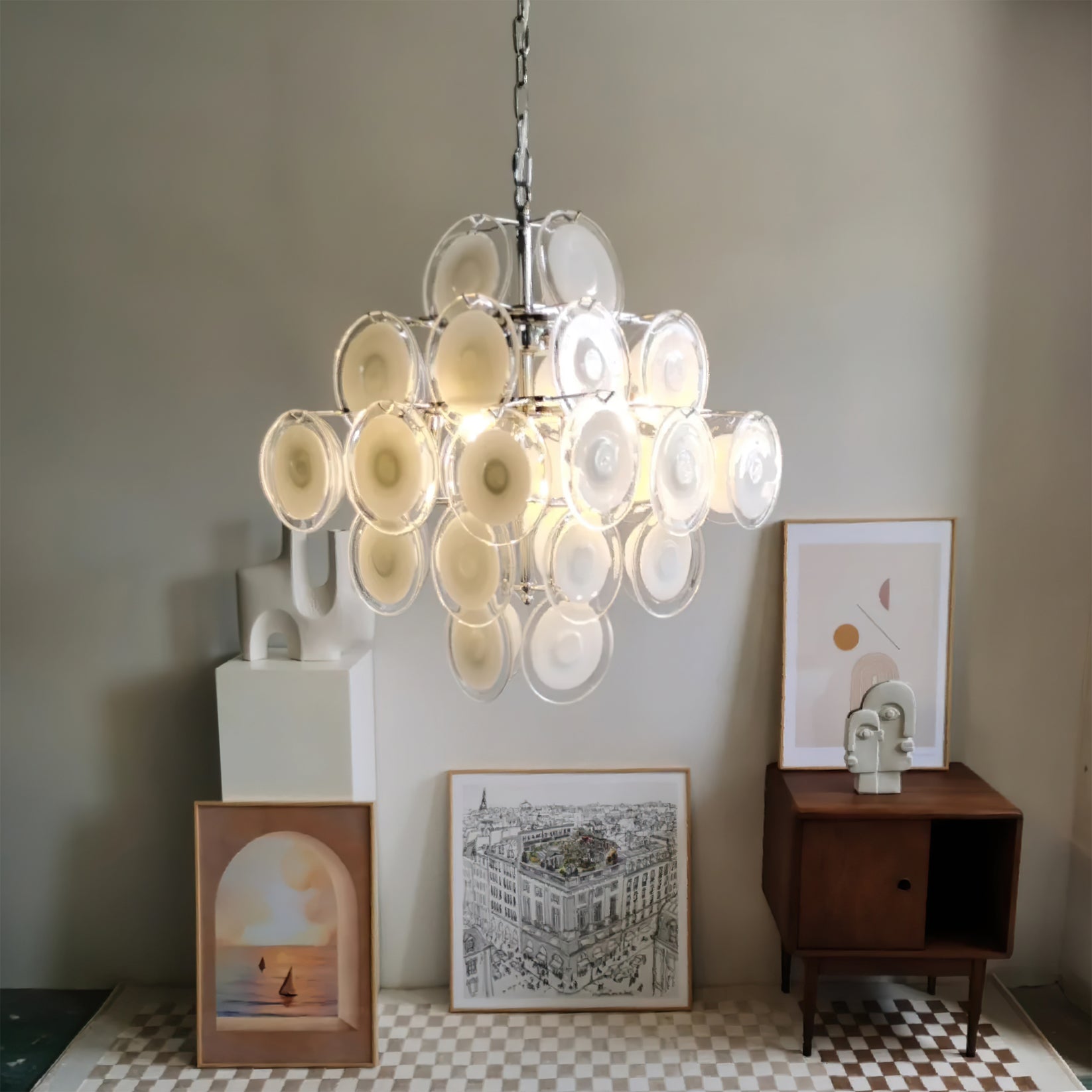 Aurora Chandelier White Murano Glass Discs Cluster