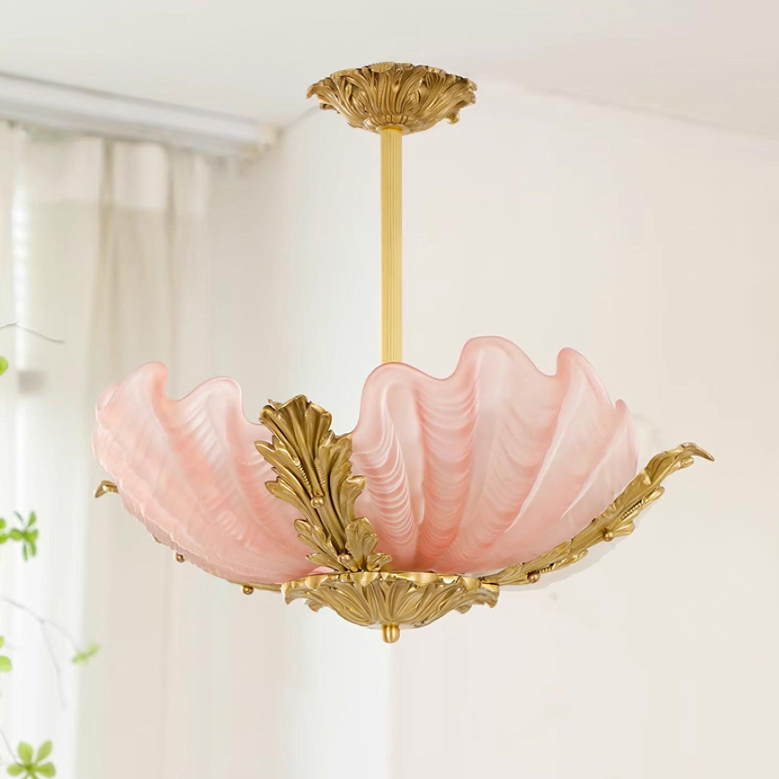 Pendant Lamp Pink Murano Shell with Brass Baroque