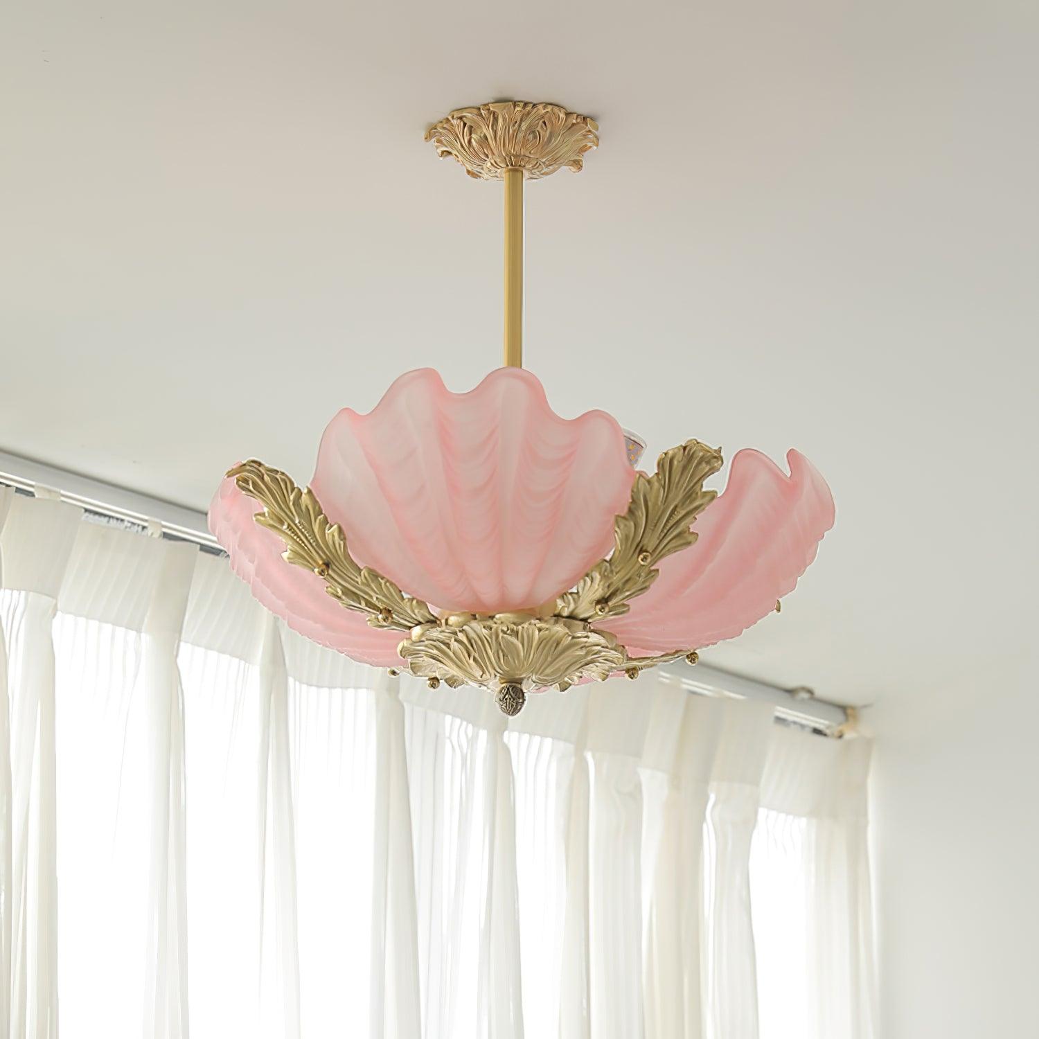 Pendant Lamp Pink Murano Shell with Brass Baroque