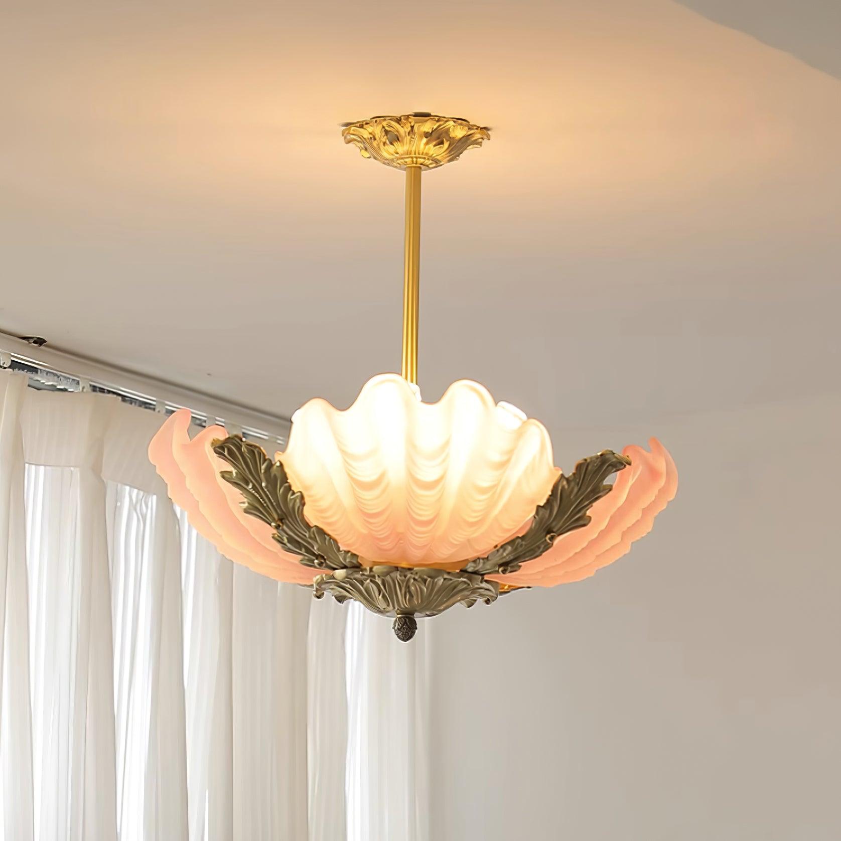 Pendant Lamp Pink Murano Shell with Brass Baroque