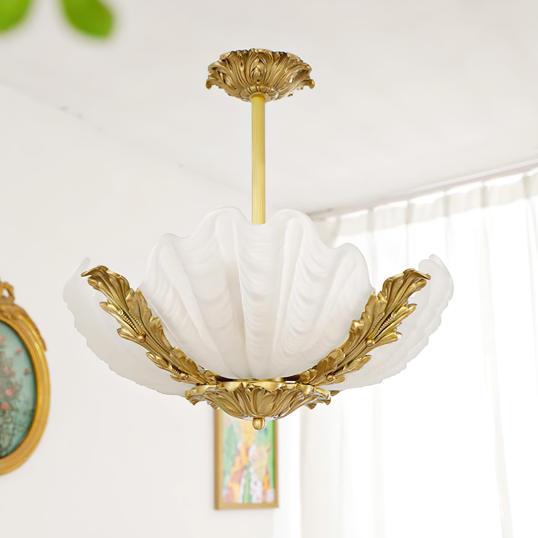 Pendant Lamp Pink Murano Shell with Brass Baroque