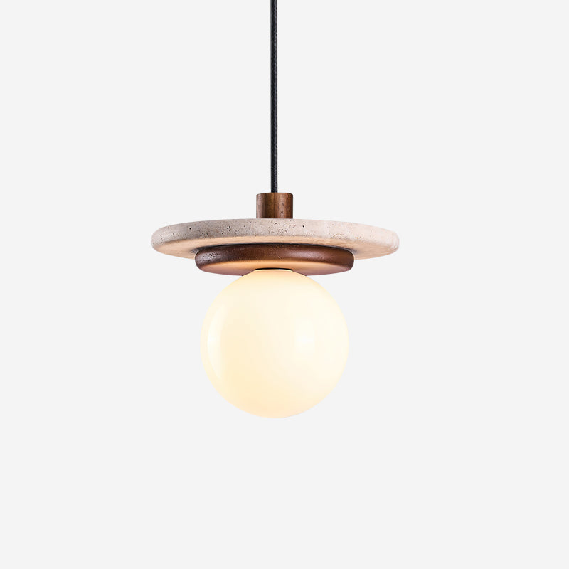 Pendant Lamp Glass Globe Travertine Disc Walnut Wood Natural - Neutralighting