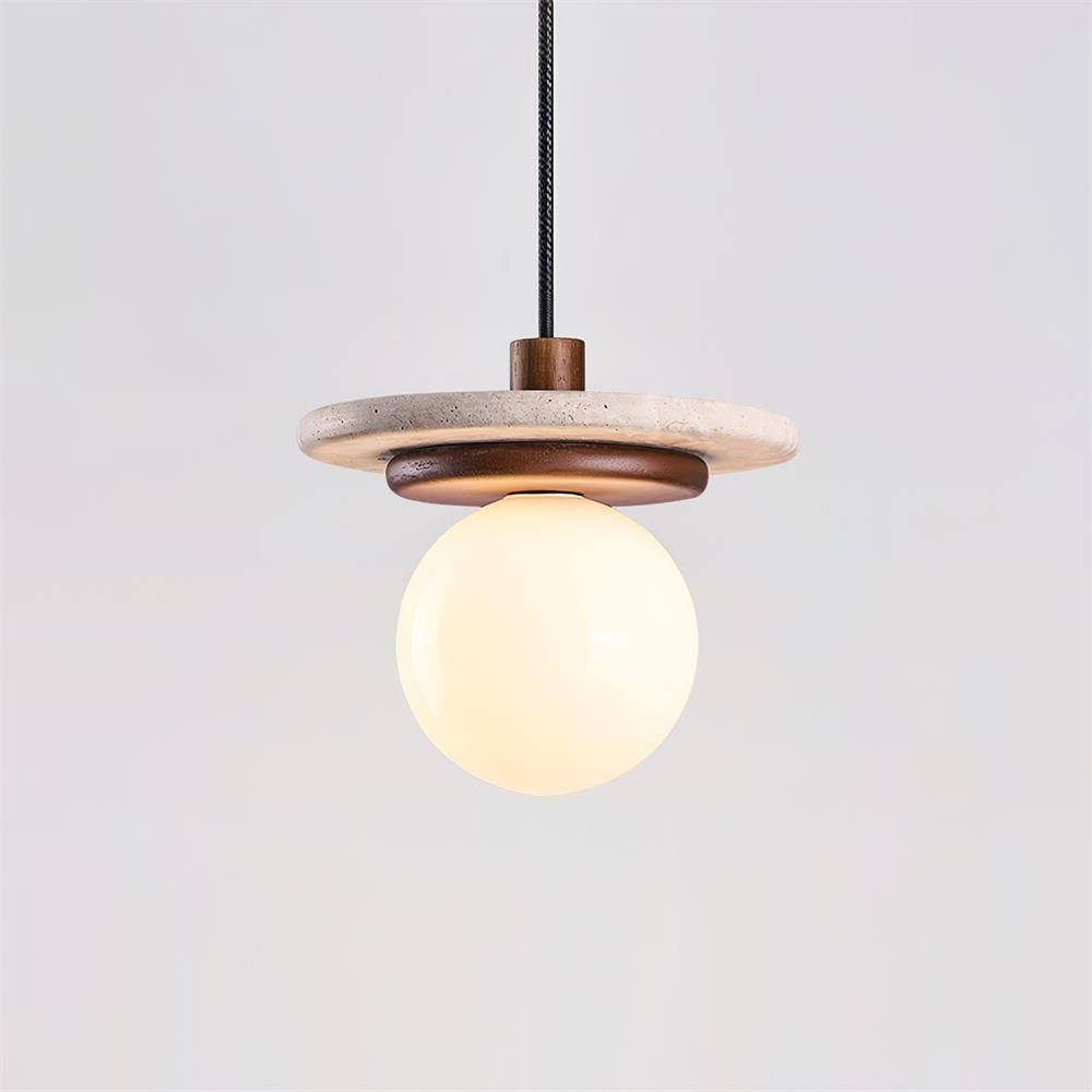 Pendant Lamp Glass Globe Travertine Disc Walnut Wood Natural - Neutralighting