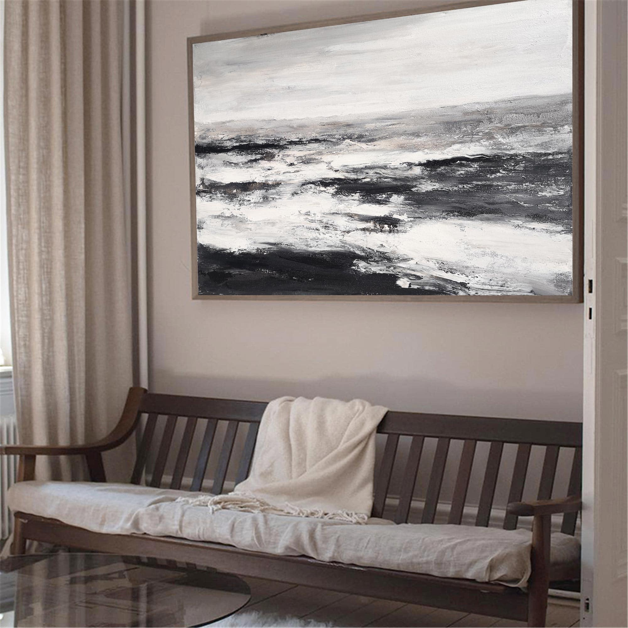 Monochrome Ocean Abstract  Thick Impasto Wave Textured Artwork