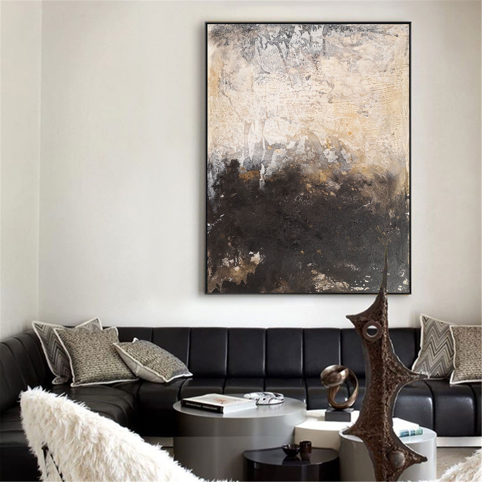 Beige‑Black Vertical Two‑Tone Earth‑Impasto Textured Artwork