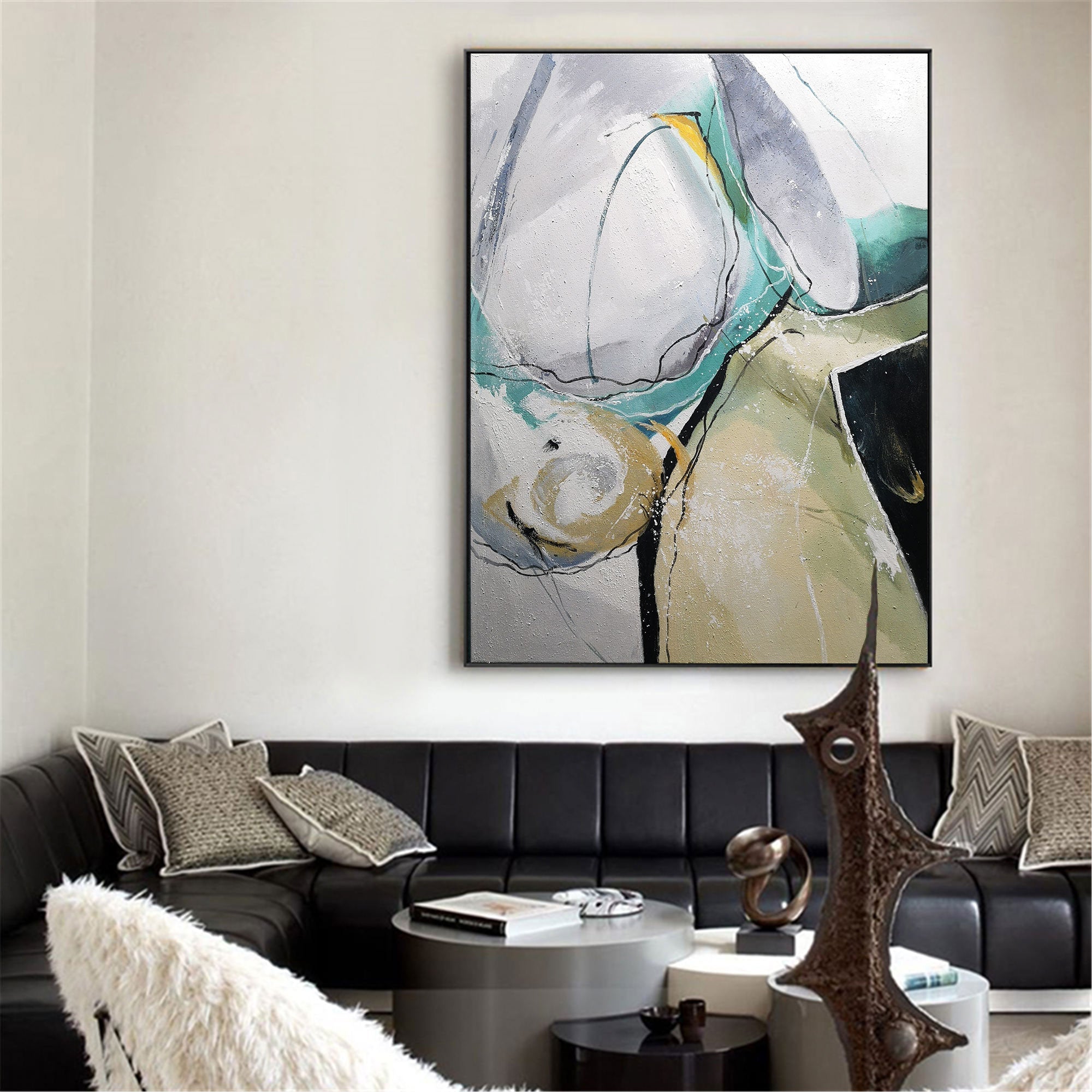 Green‑Grey‑Beige Geometric Abstract Sharp‑Shape Muted‑Tone Artwork