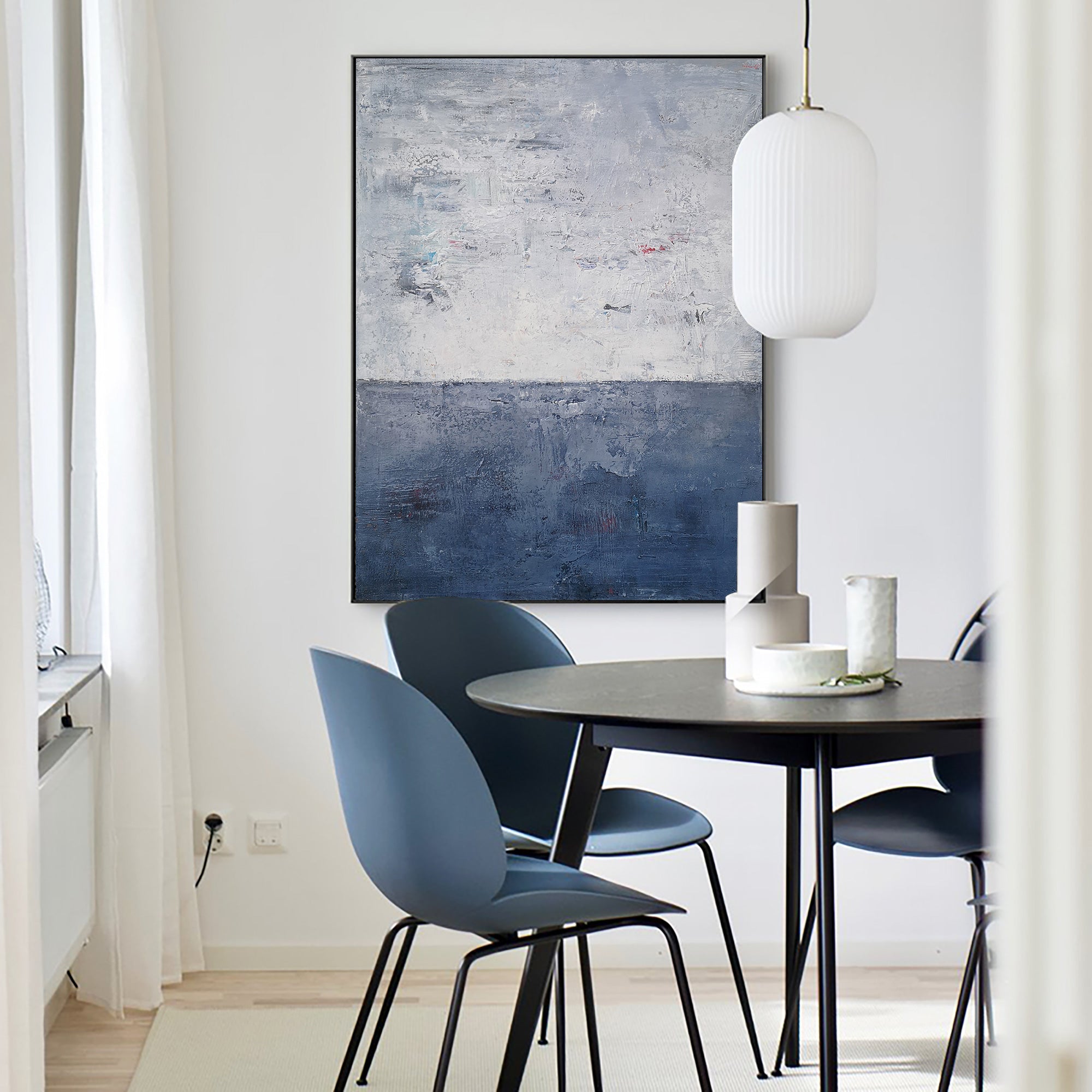 Navy‑Blue‑Grey Vertical Seascape Horizon Impasto‑Textured Artwork