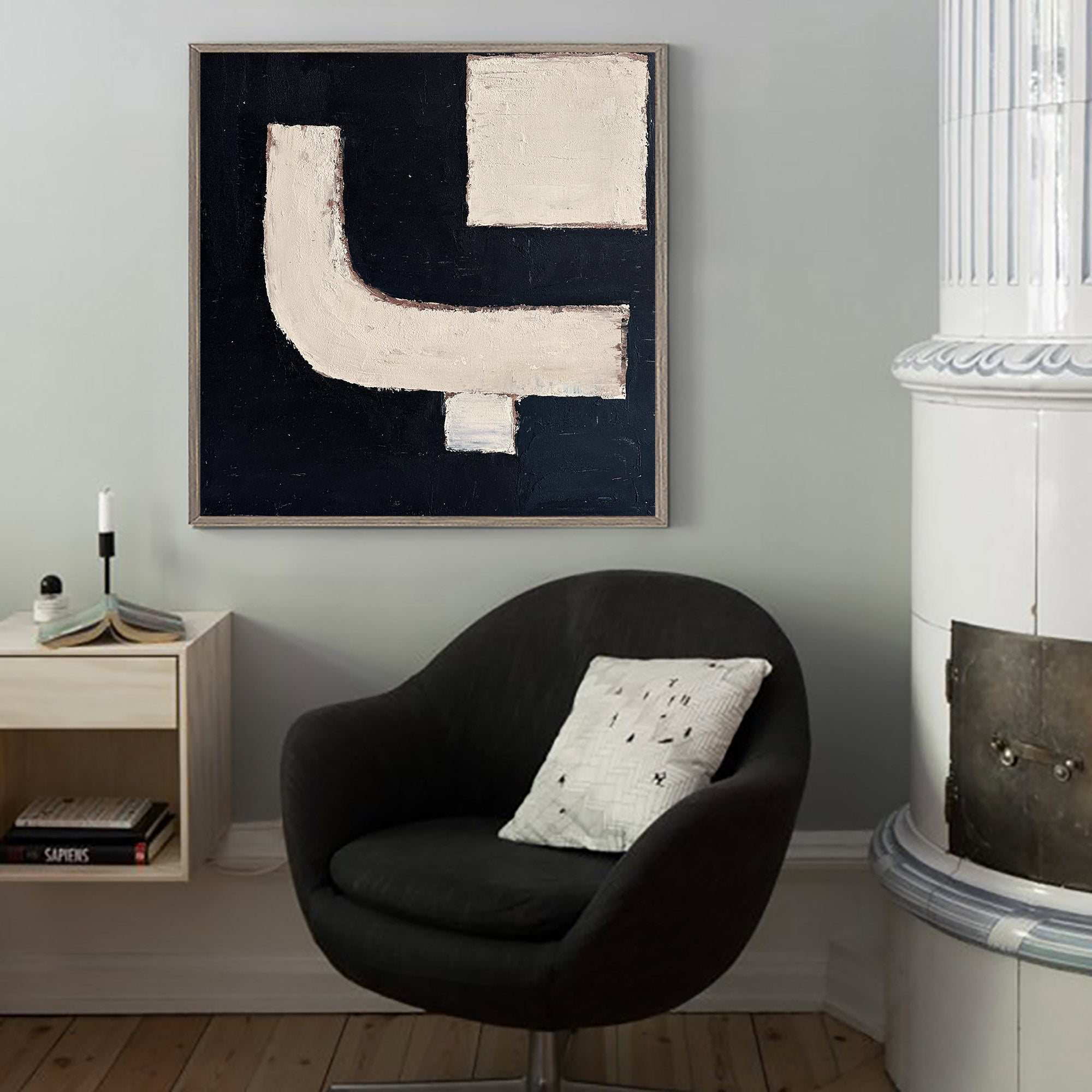 Black‑Cream Square Geometric‑Block Impasto‑Textured Artwork