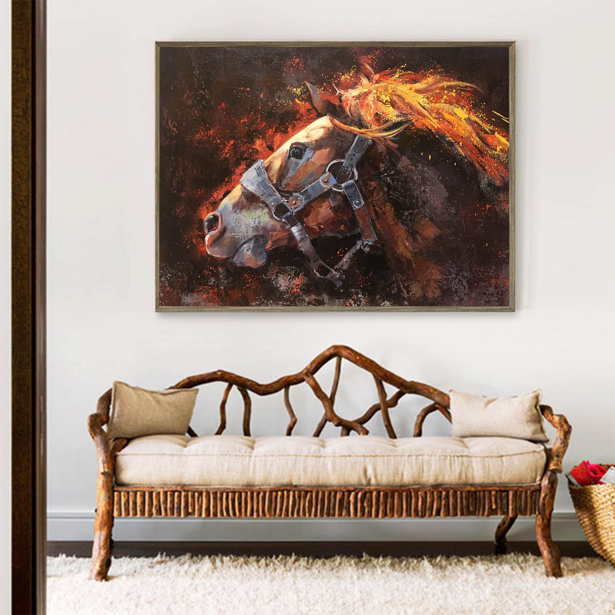 Fiery‑Toned Horse Head Portrait Unstretched Linen Canvas Wall Art