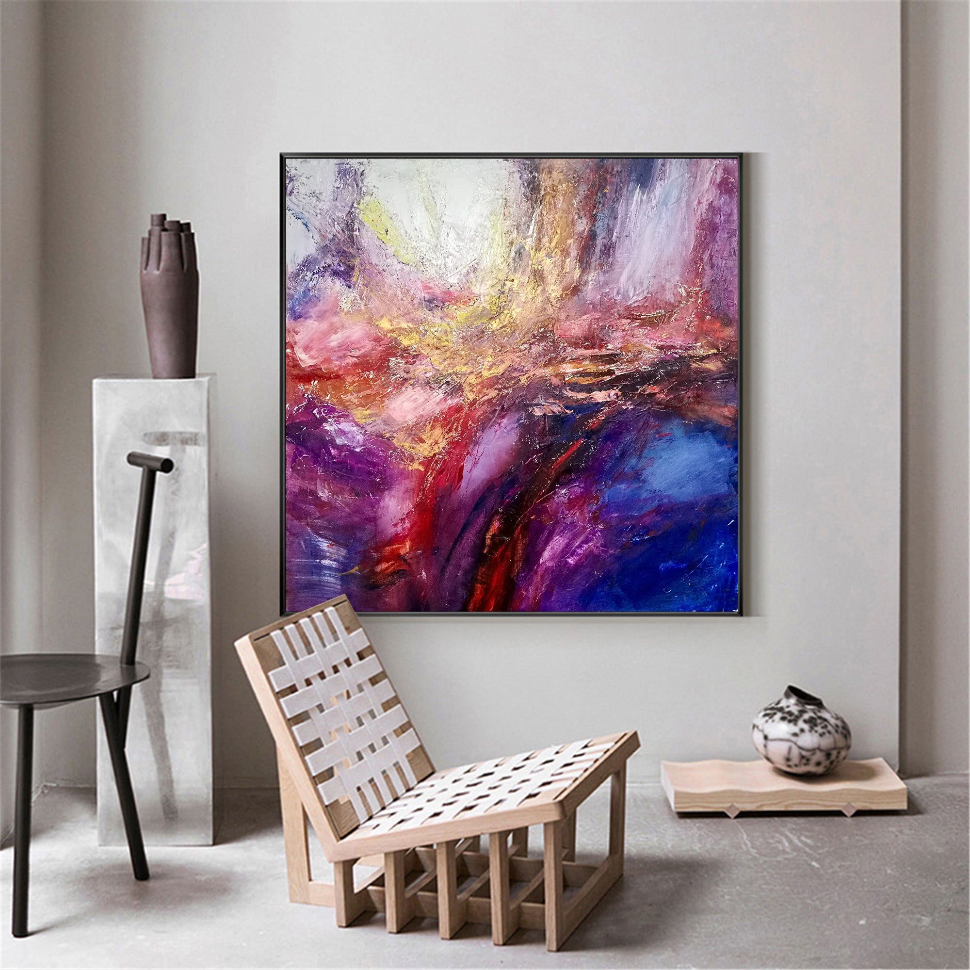 Purple‑Pink‑Gold Square Abstract  Swirling Thick Impasto‑Texture Artwork
