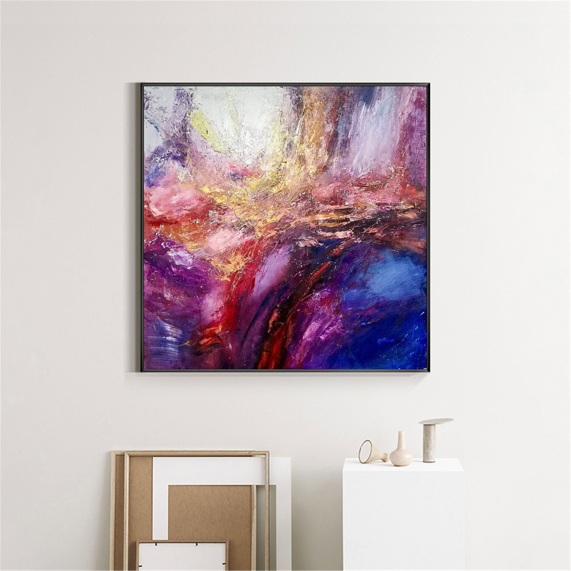 Purple‑Pink‑Gold Square Abstract  Swirling Thick Impasto‑Texture Artwork