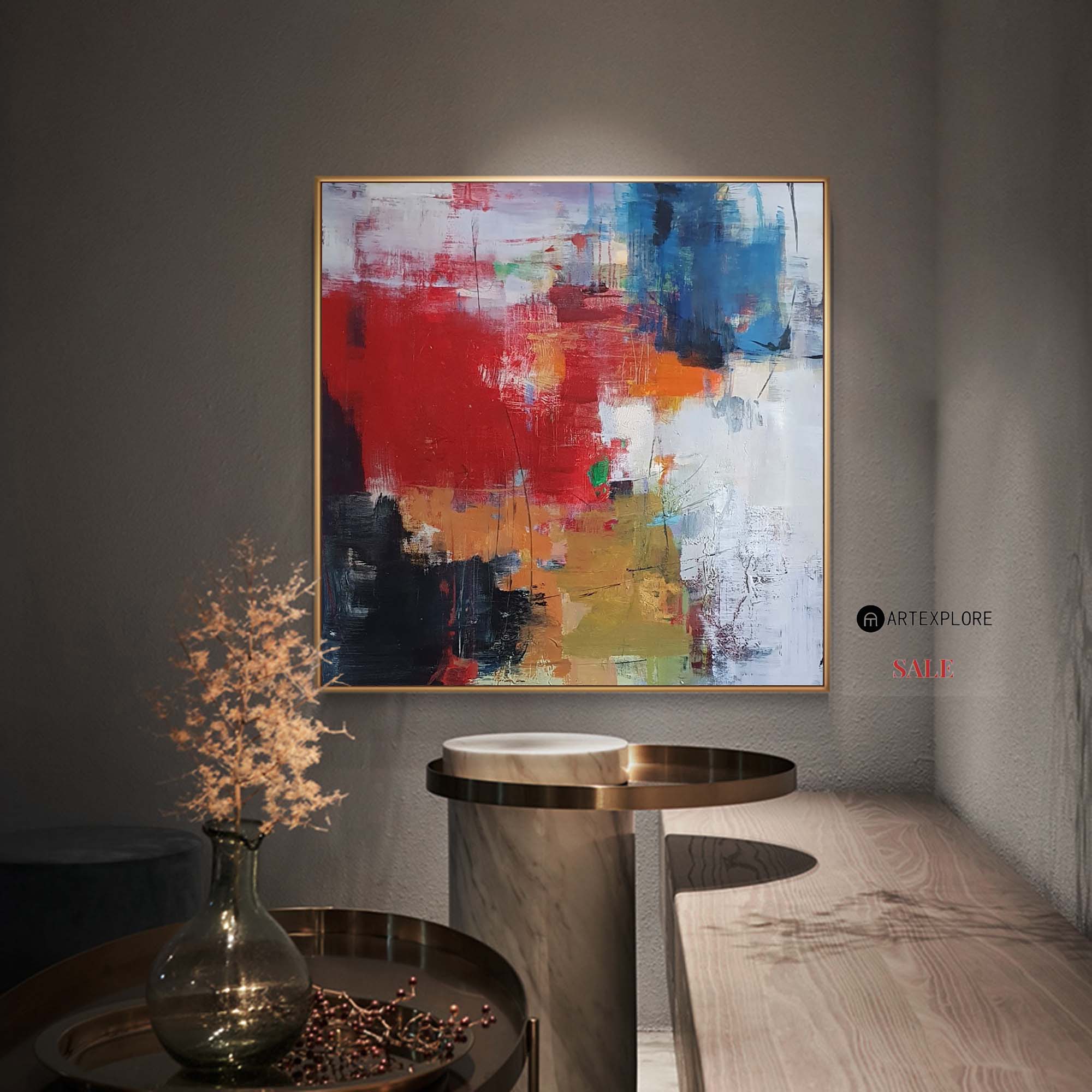 Red Blue Abstract Square Canvas Wall Art