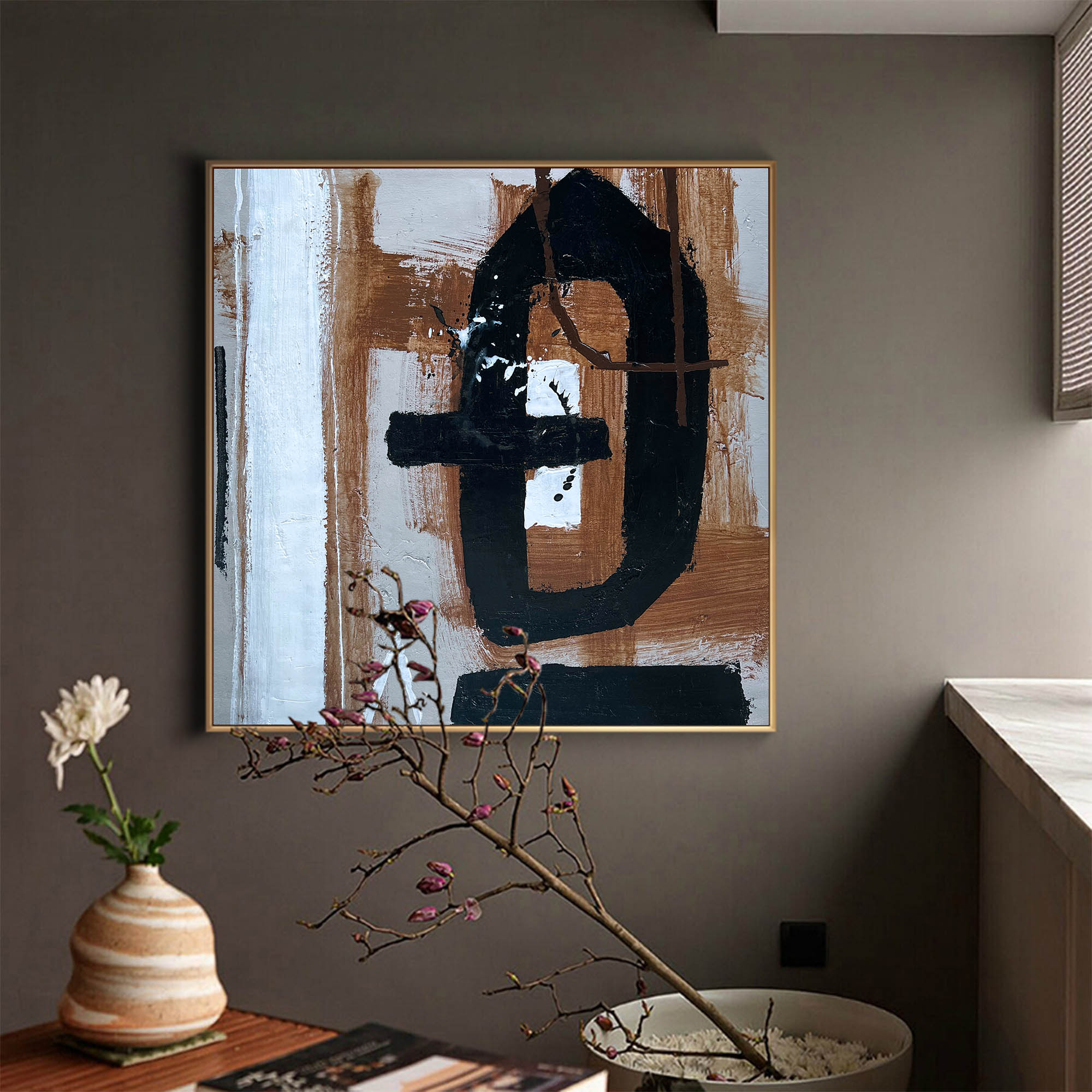 Earth‑Tone Abstract Gestural Art Framed Linen Canvas Wall Decoration