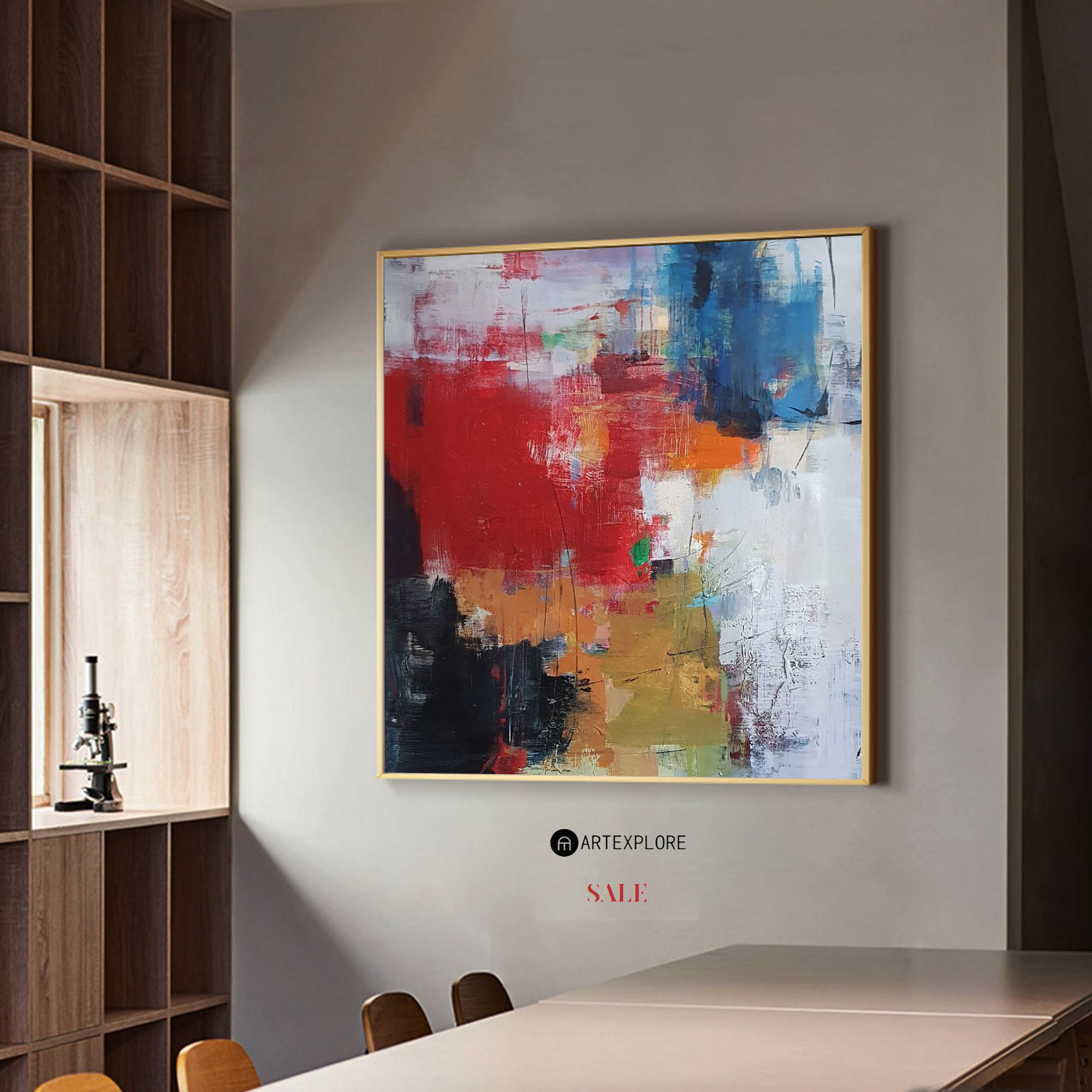 Red Blue Abstract Square Canvas Wall Art