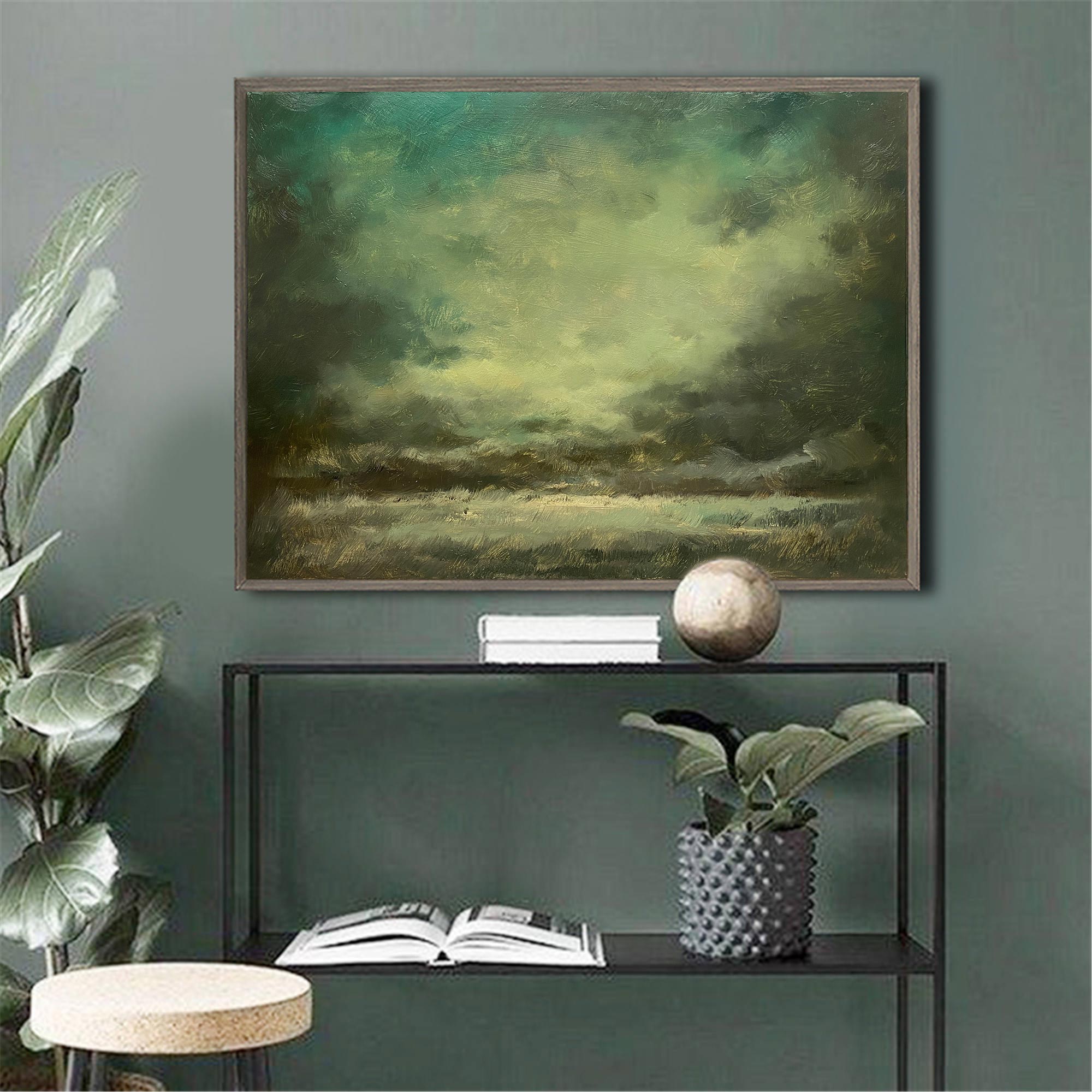 Abstract Forest Green Moody Landscape Oil Acrylic Linen Canvas Painting