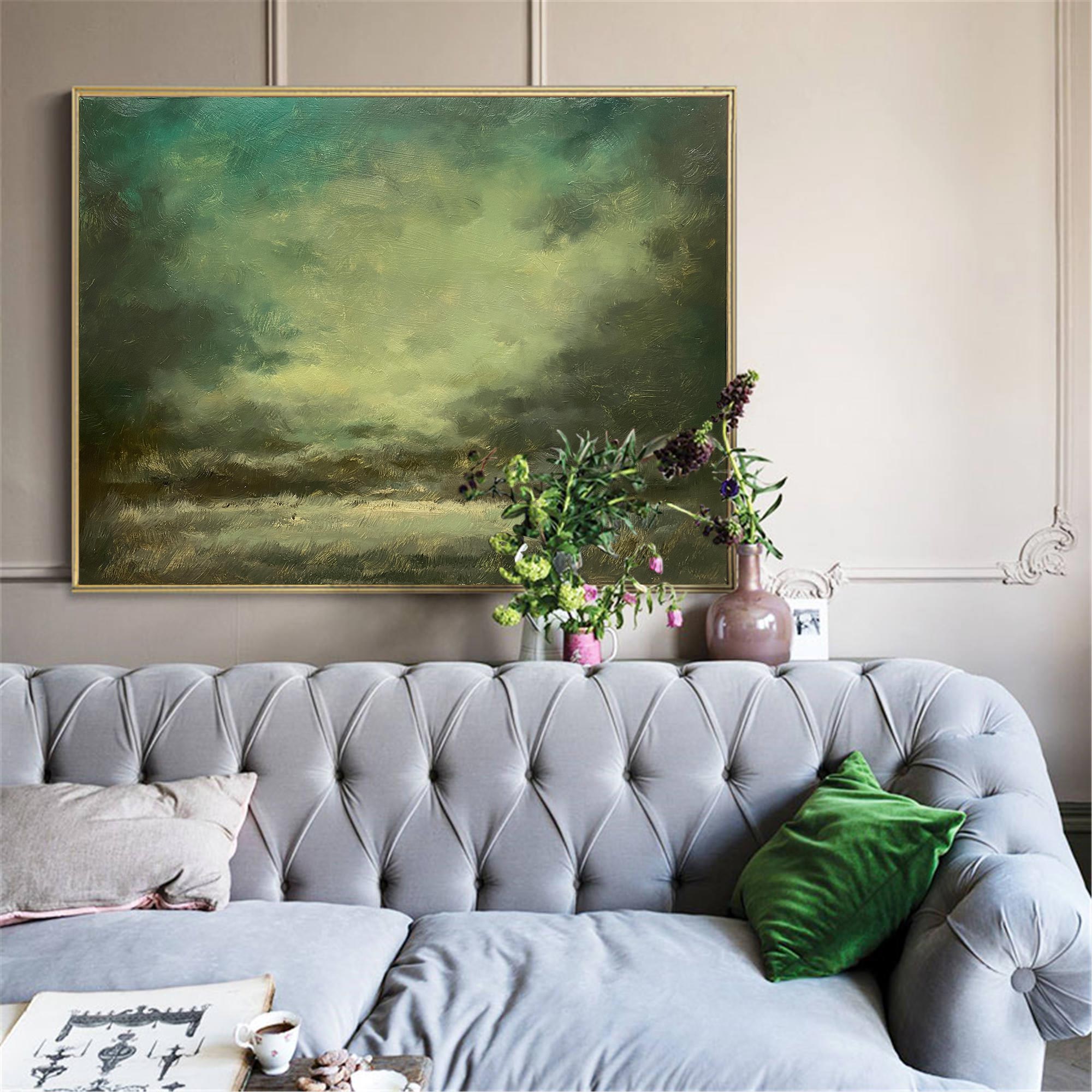 Abstract Forest Green Moody Landscape Oil Acrylic Linen Canvas Painting