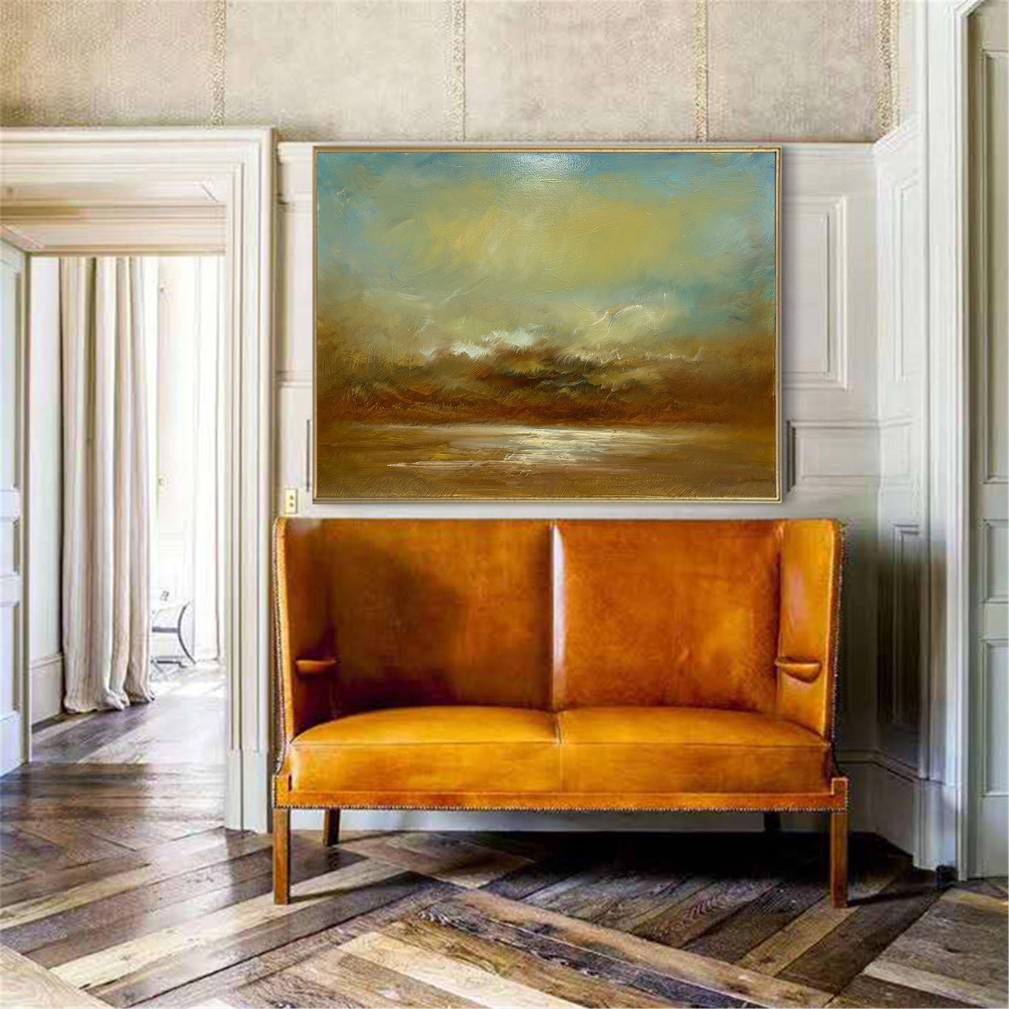 Abstract Teal Gold Coastal Sunset Landscape Oil Acrylic Linen Canvas Painting