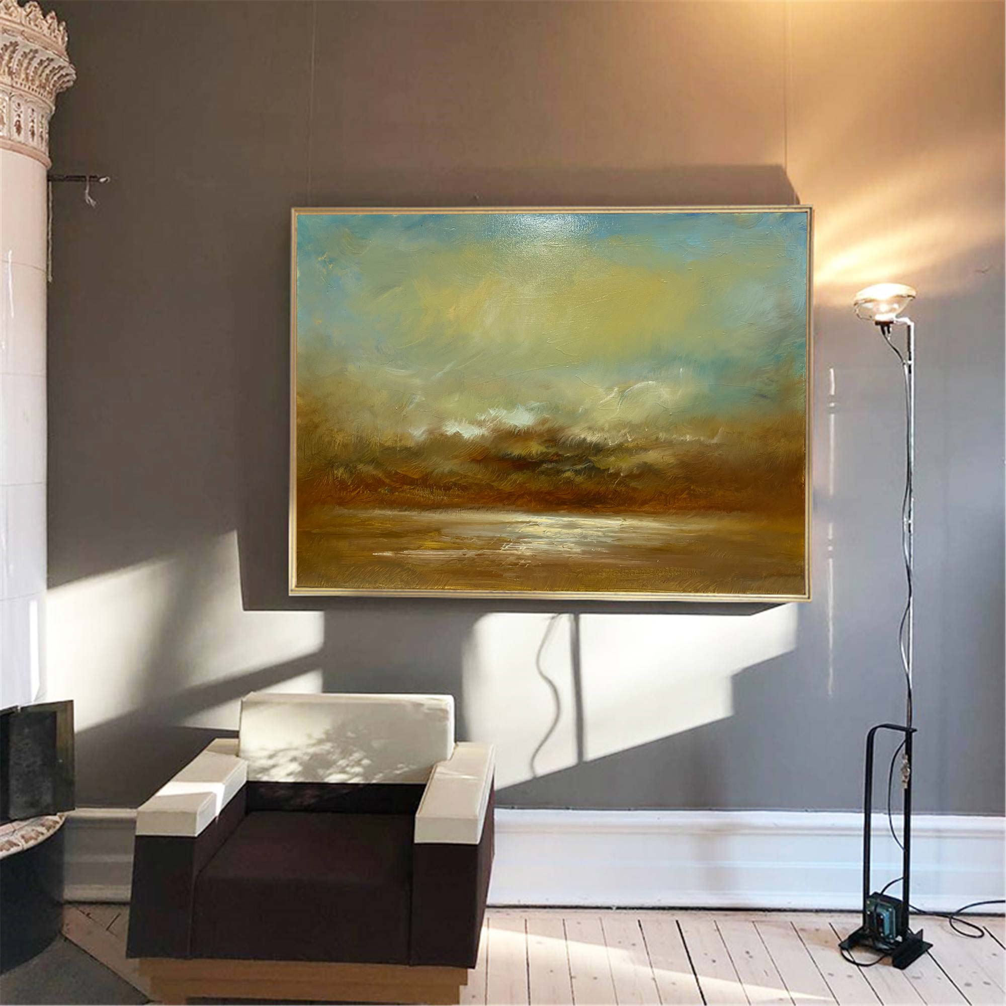 Abstract Teal Gold Coastal Sunset Landscape Oil Acrylic Linen Canvas Painting