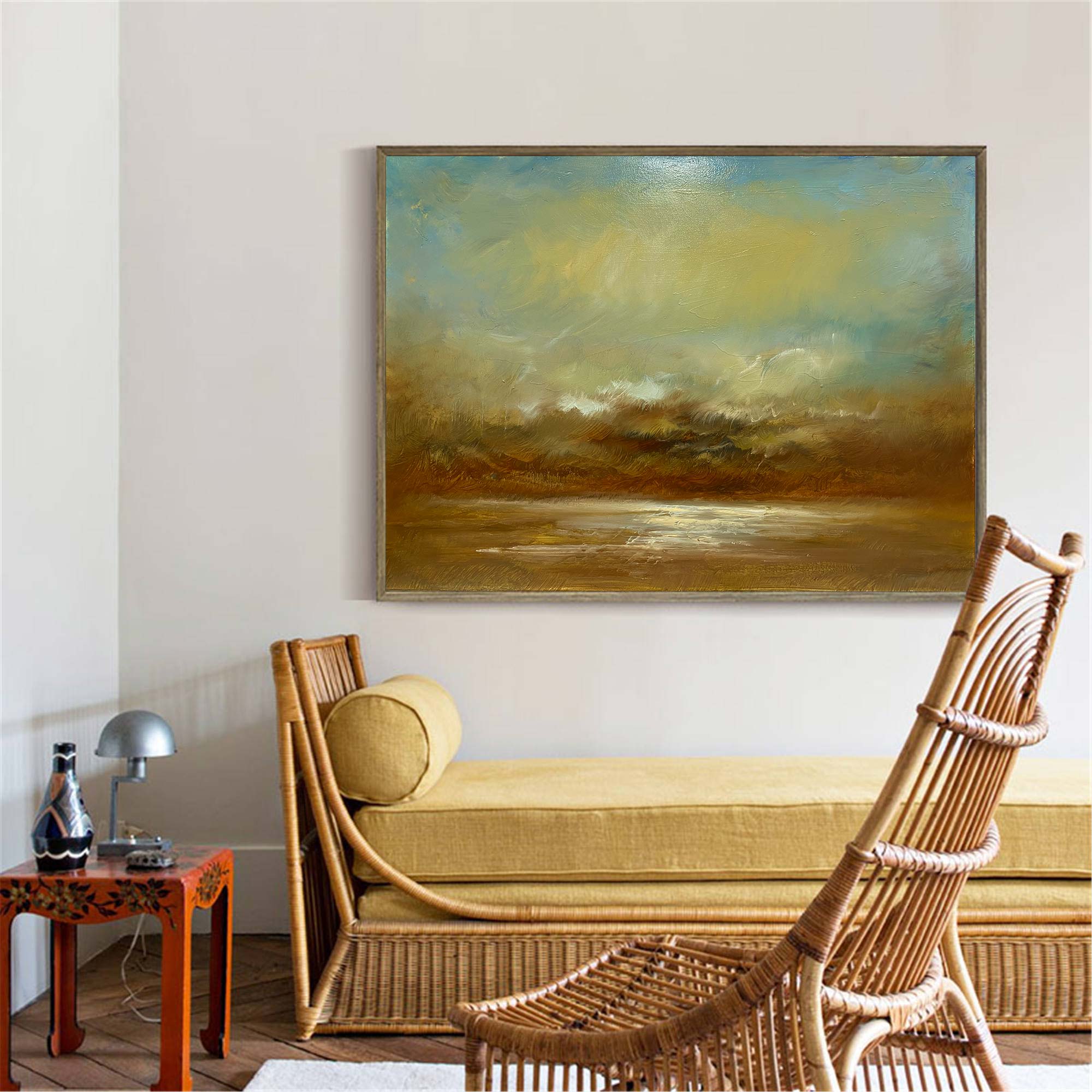 Abstract Teal Gold Coastal Sunset Landscape Oil Acrylic Linen Canvas Painting