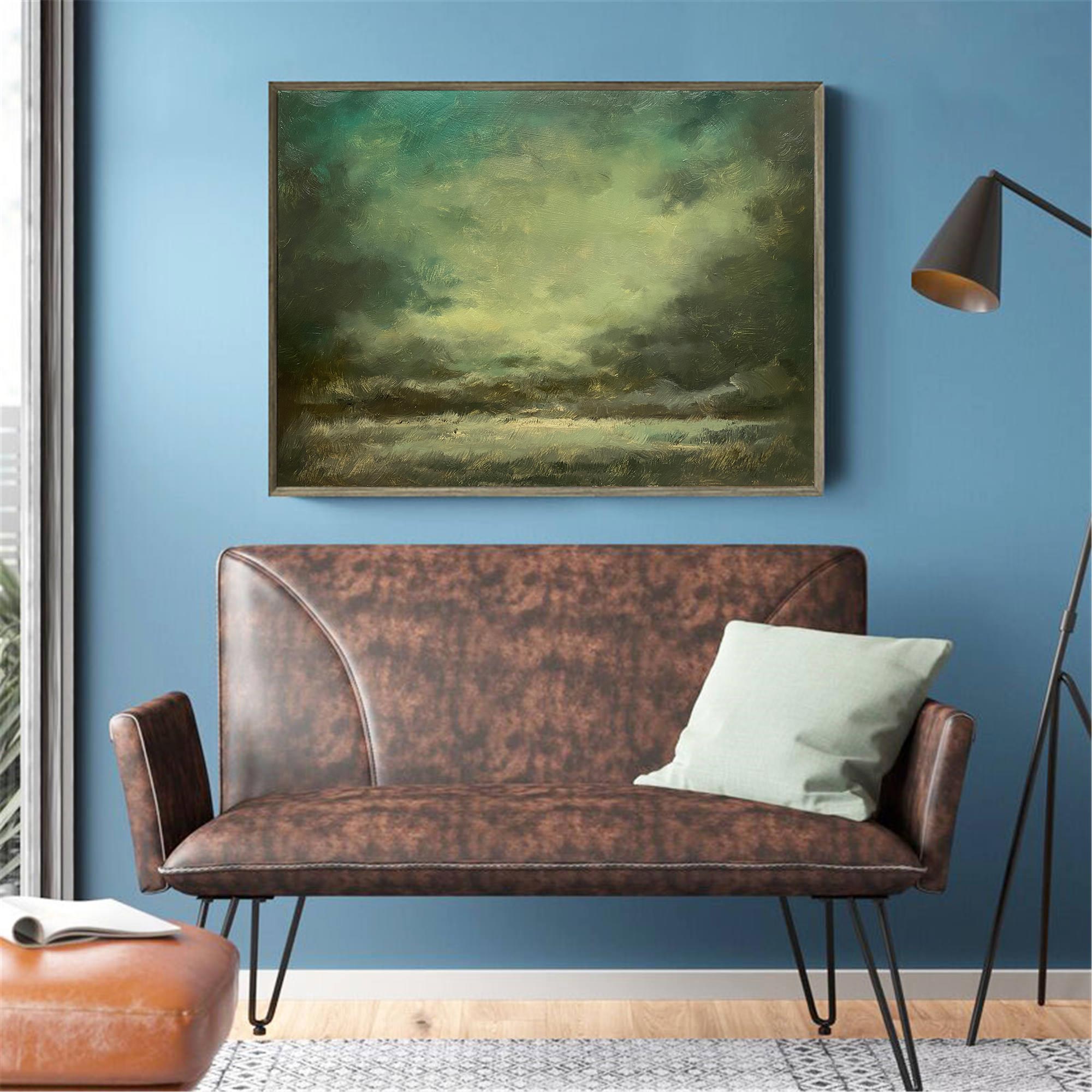 Abstract Forest Green Moody Landscape Oil Acrylic Linen Canvas Painting