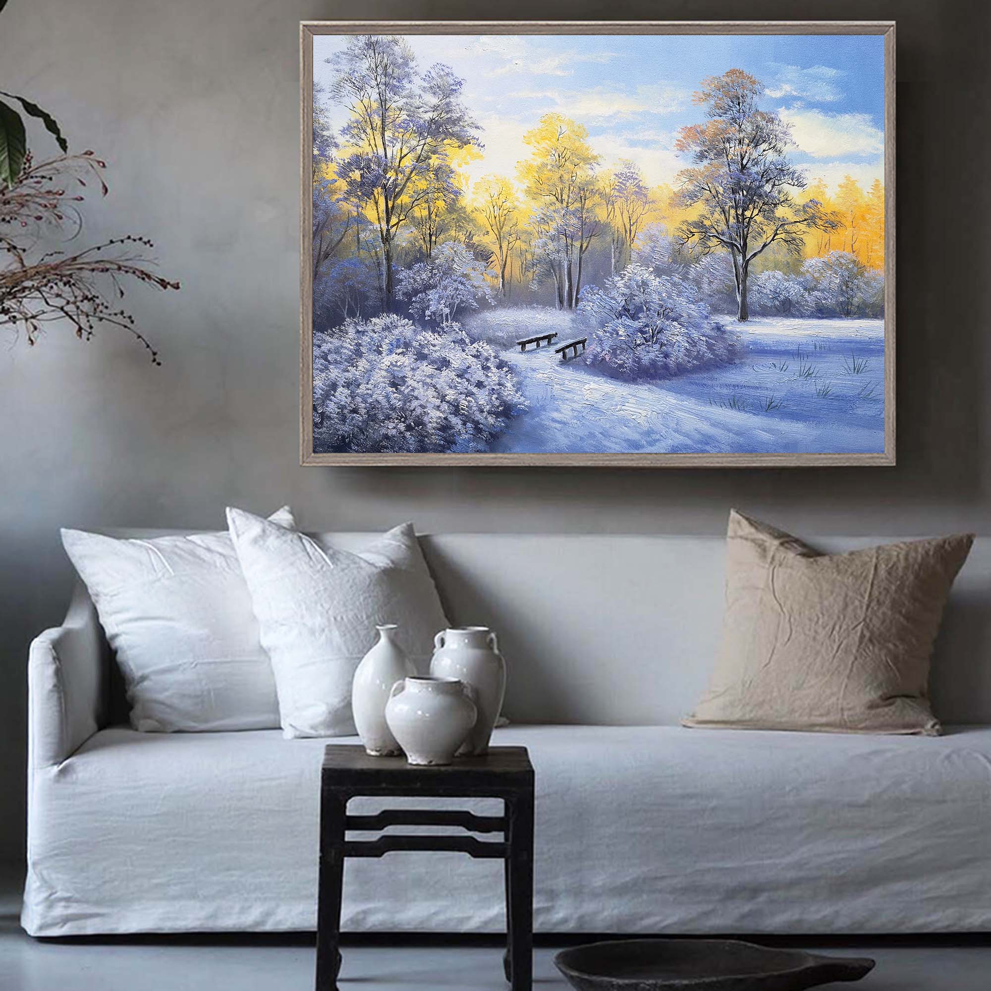 Sunlit Snowy Woodland Scene Vibrant Warm‑Cool Tone Nature Wall Art