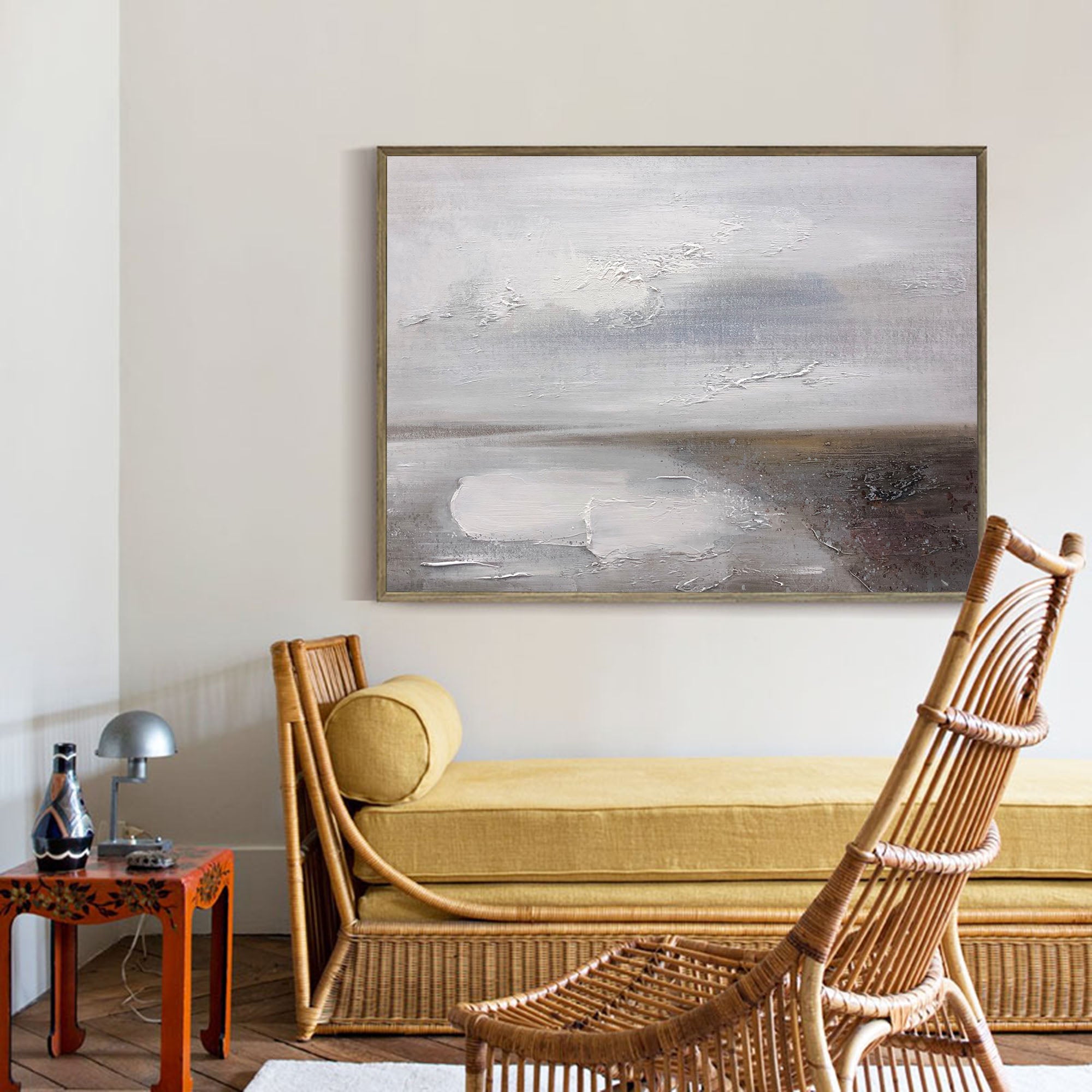 Grey‑Silver Horizontal Muted‑Seascape Impasto‑Textured Artwork