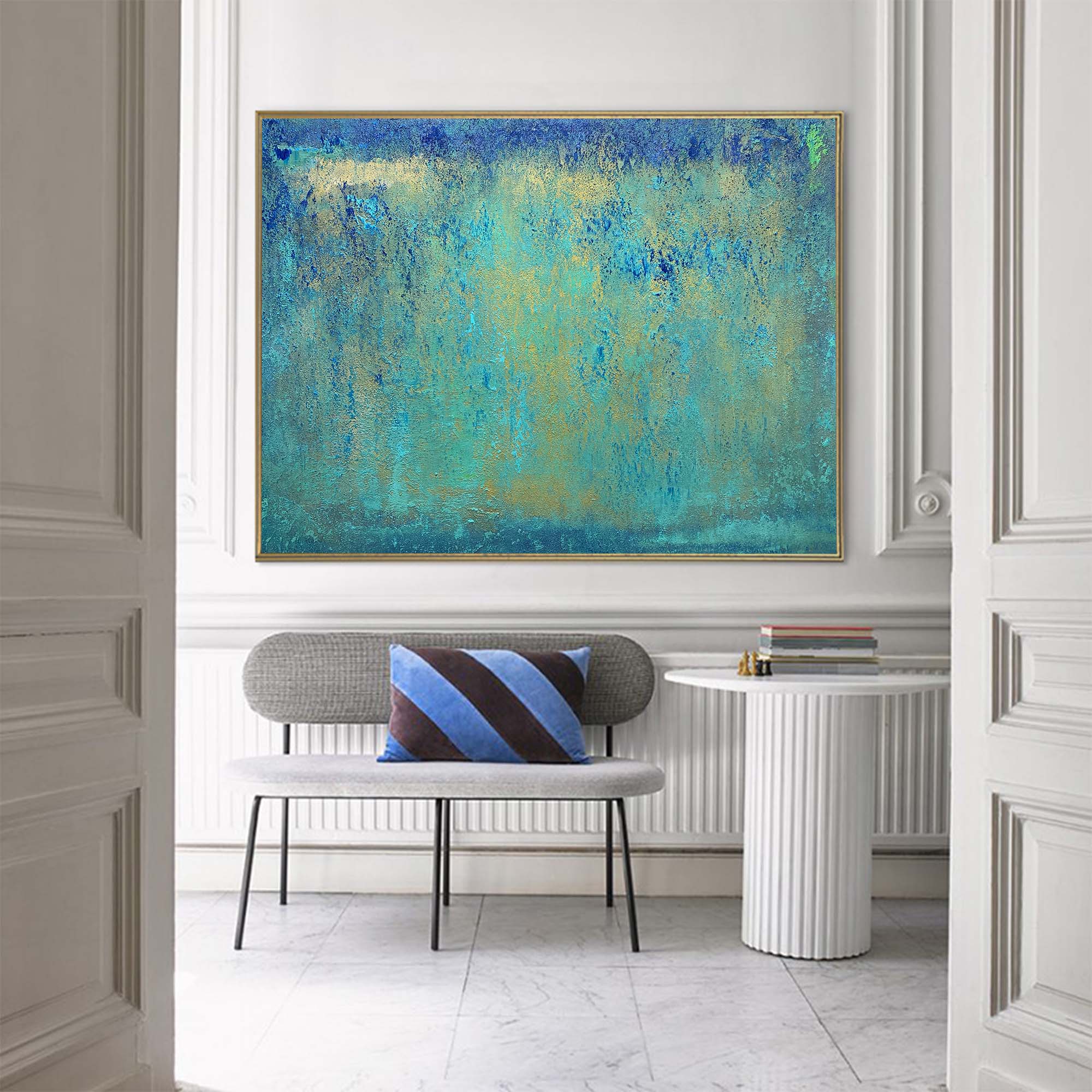 Turquoise Horizon Textured Abstract Unstretched Linen Canvas Wall Art